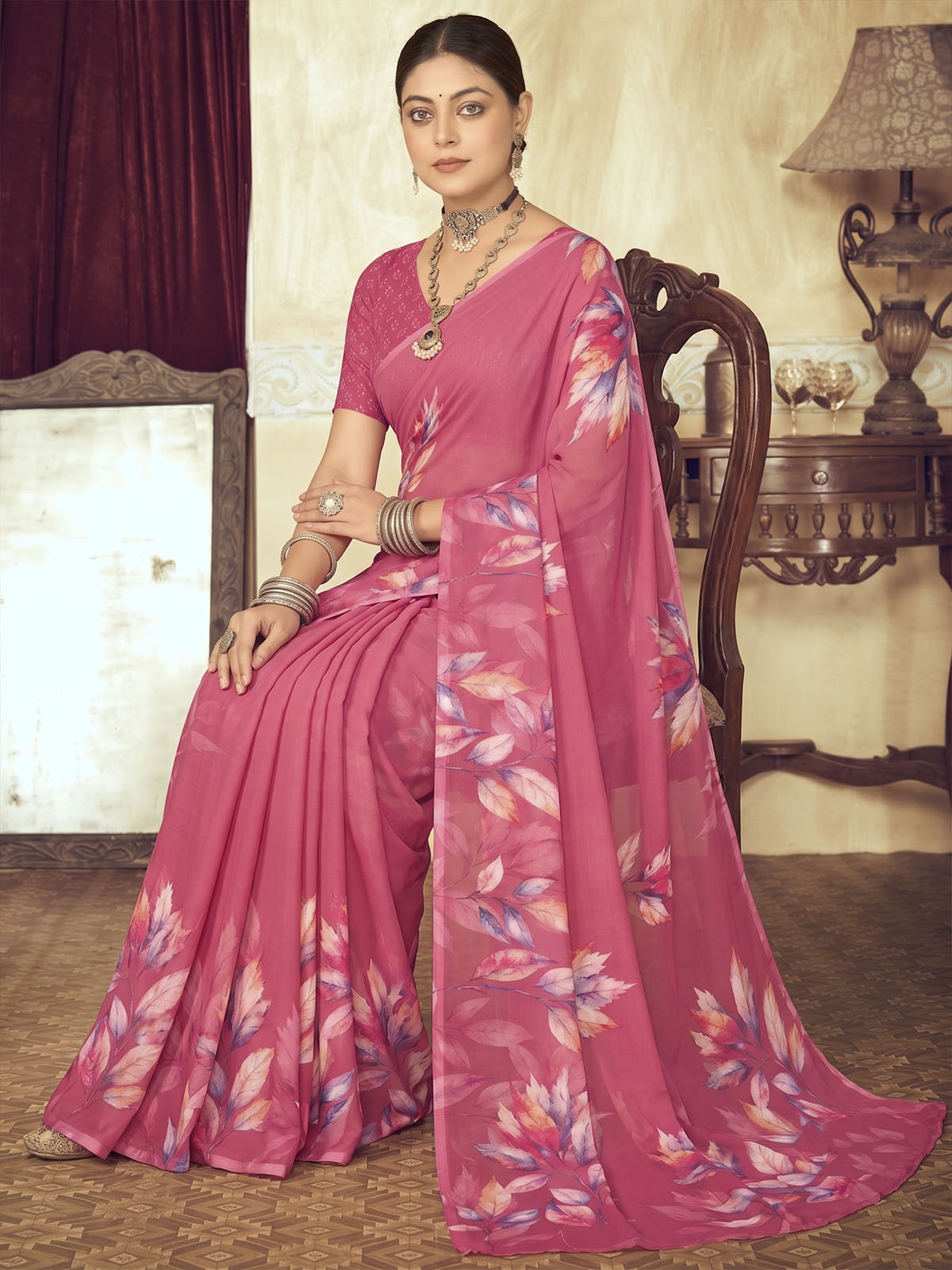 Riddhi - Coral Georgette Floral Digital Printed Saree