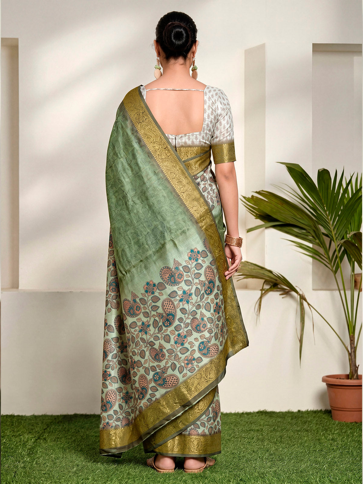 Varnika - Green Digital Printed Moss Georgette Saree with Woven Border