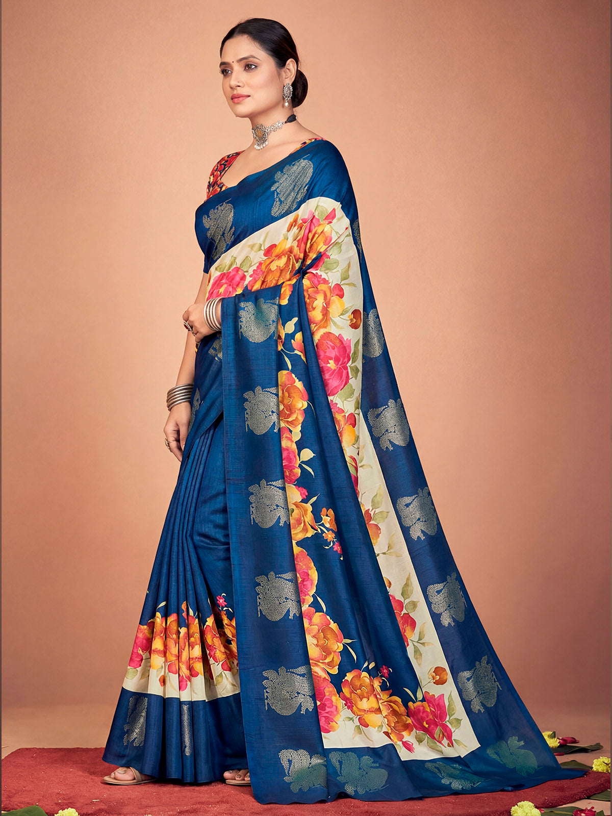 Rajkumari - Blue Printed Soft Silk Saree with Silk Foil Work