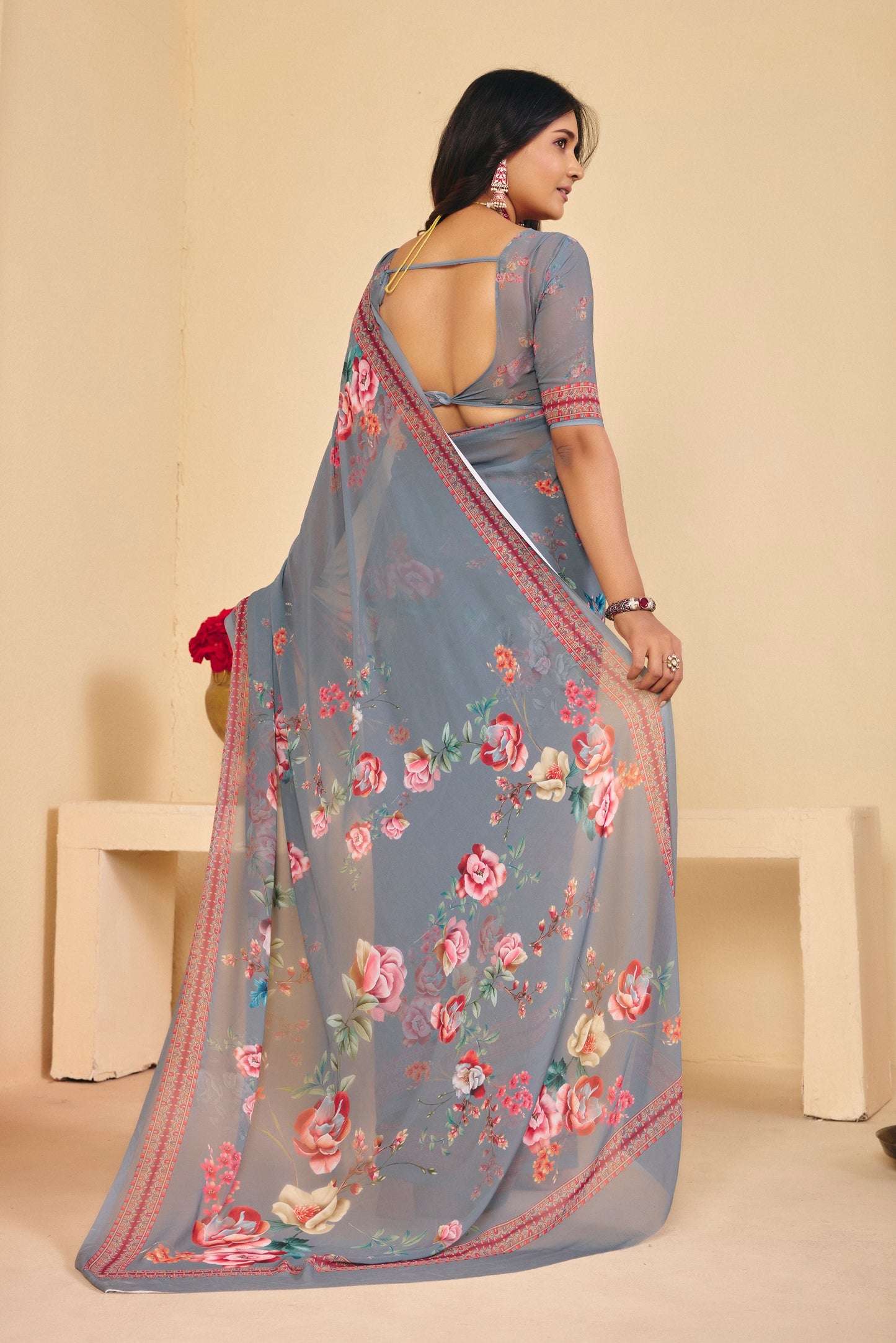 Twisha - Grey Georgette Digital Printed Saree