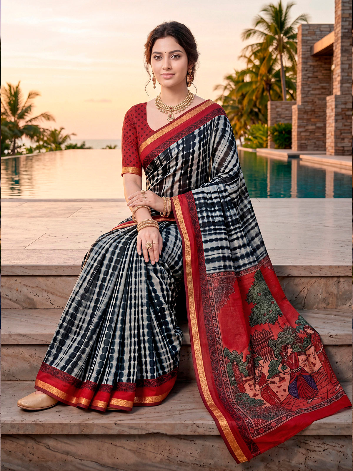 Monalisa - Black Printed Liva Cotton Silk Saree