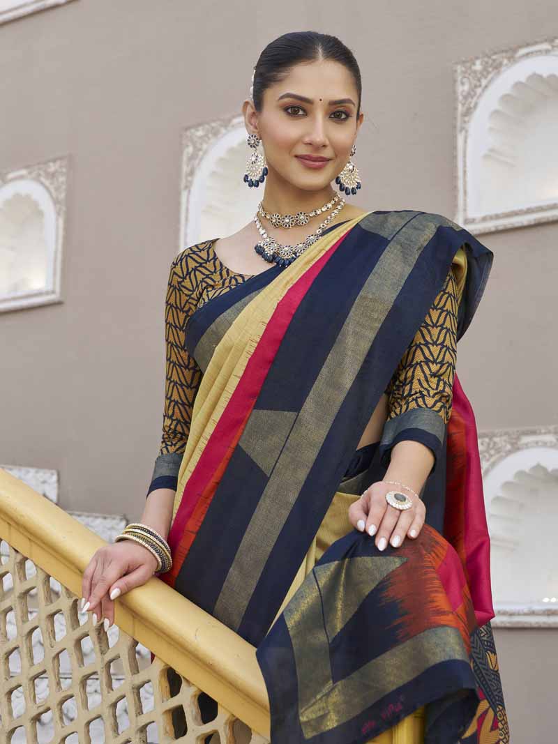 Gulmarg - Yellow Silk Digital Printed Saree with Zari Border