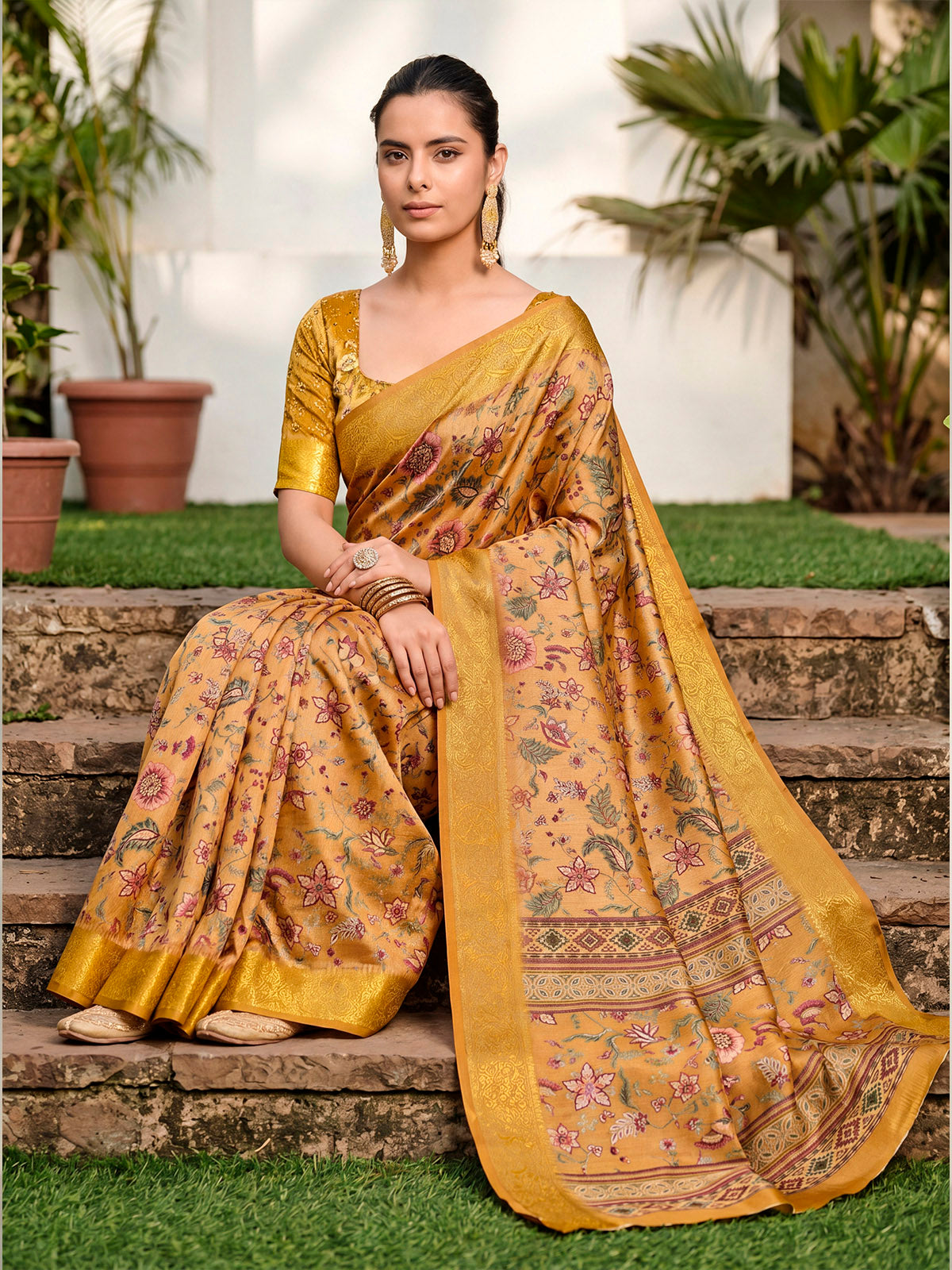 Varnika - Golden Digital Printed Moss Georgette Saree with Woven Border