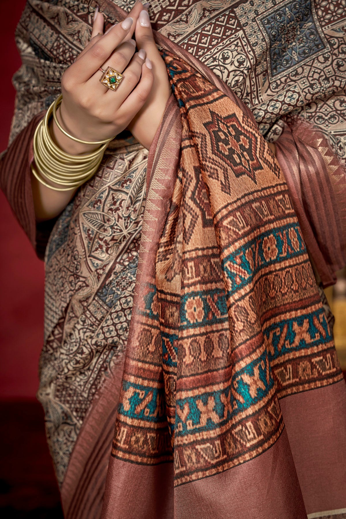Veera - Bronze Soft Silk Digital Printed Saree with Woven Border