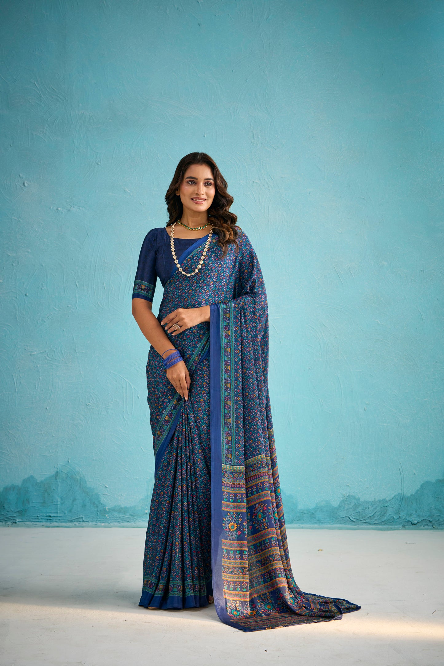 Rajkala - Blue Floral Printed Crepe Silk Saree