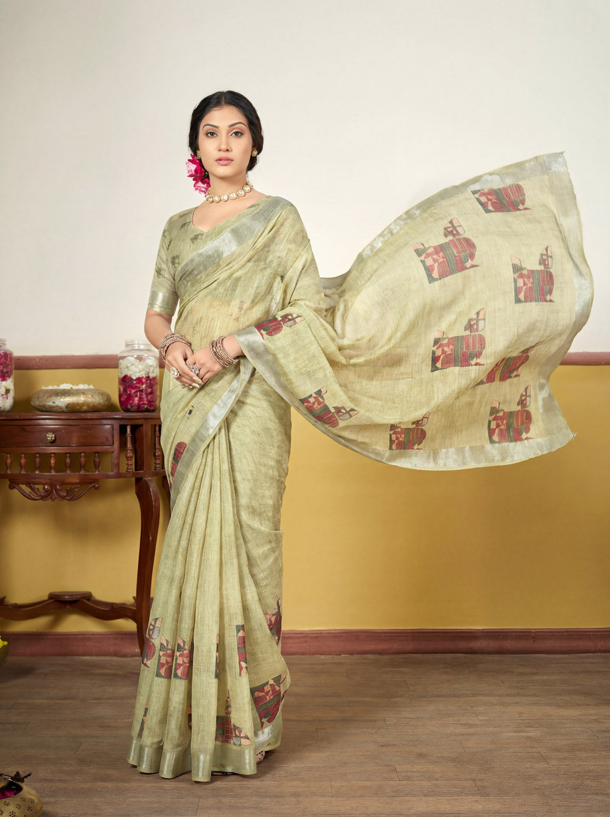 Rachna - Lime Green Linen Digital Print Saree with Woven Border