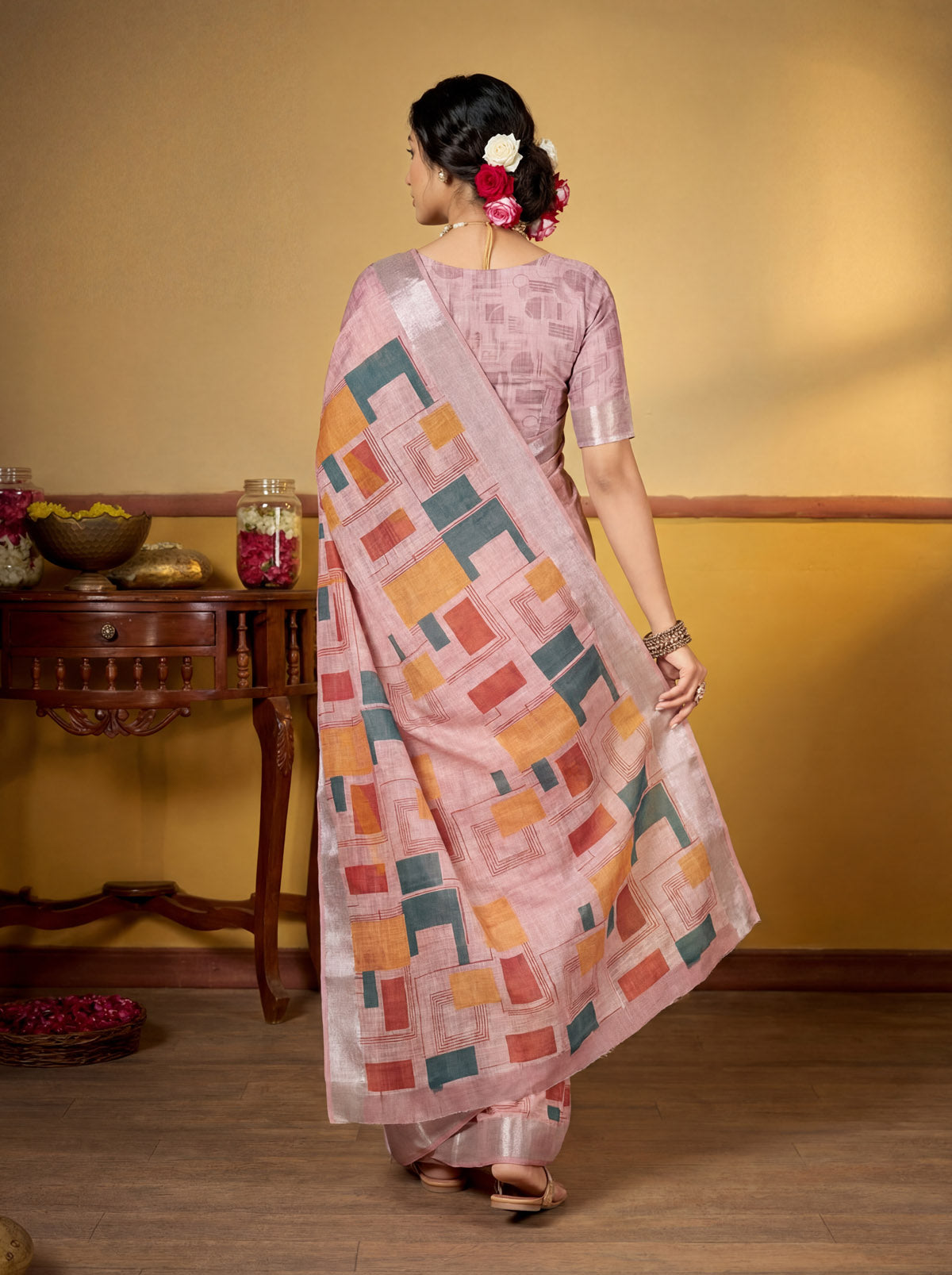 Rachna - Green Linen Digital Print Saree with Woven Border