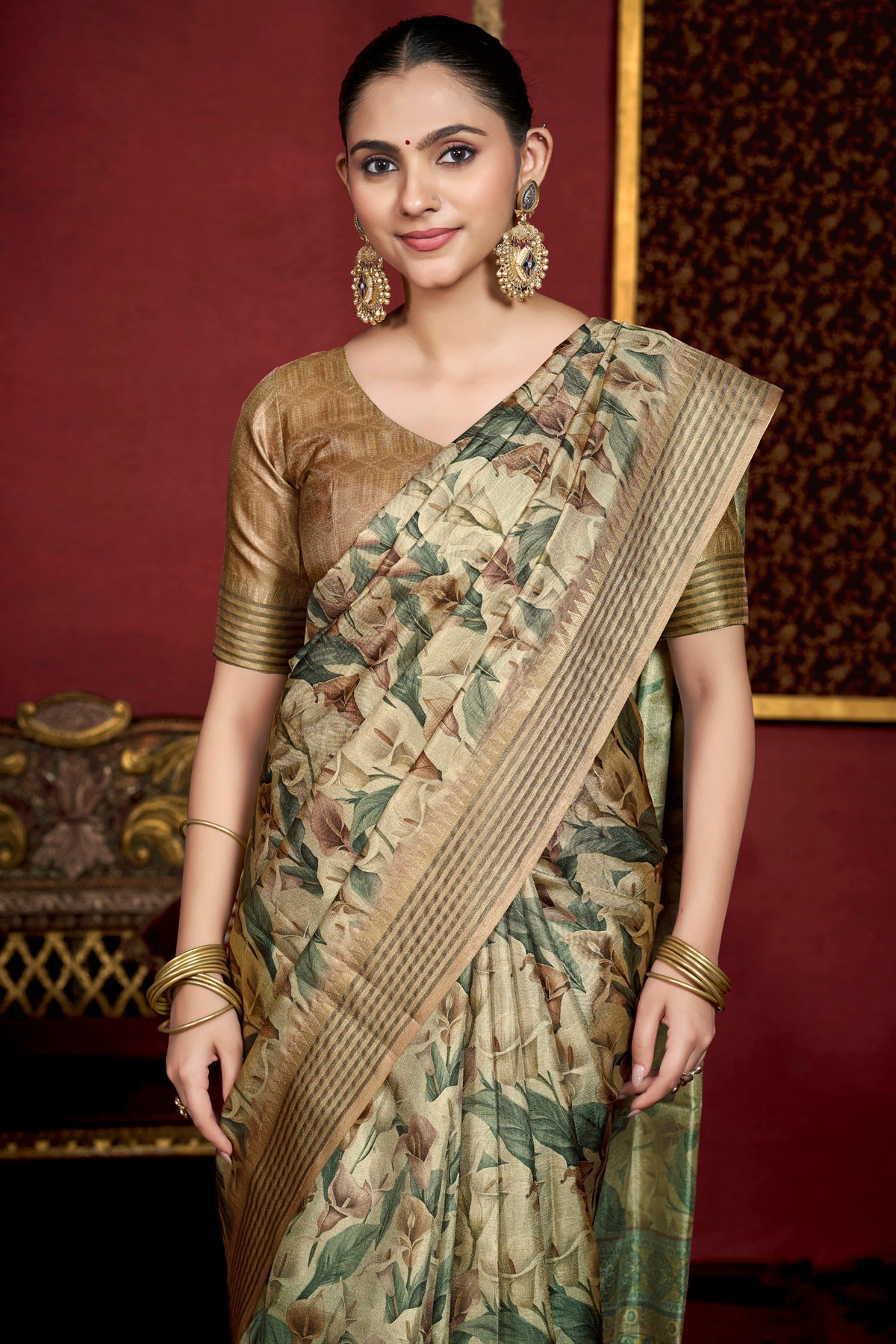 Veera - Mehandi Green Soft Silk Digital Printed Saree with Woven Border