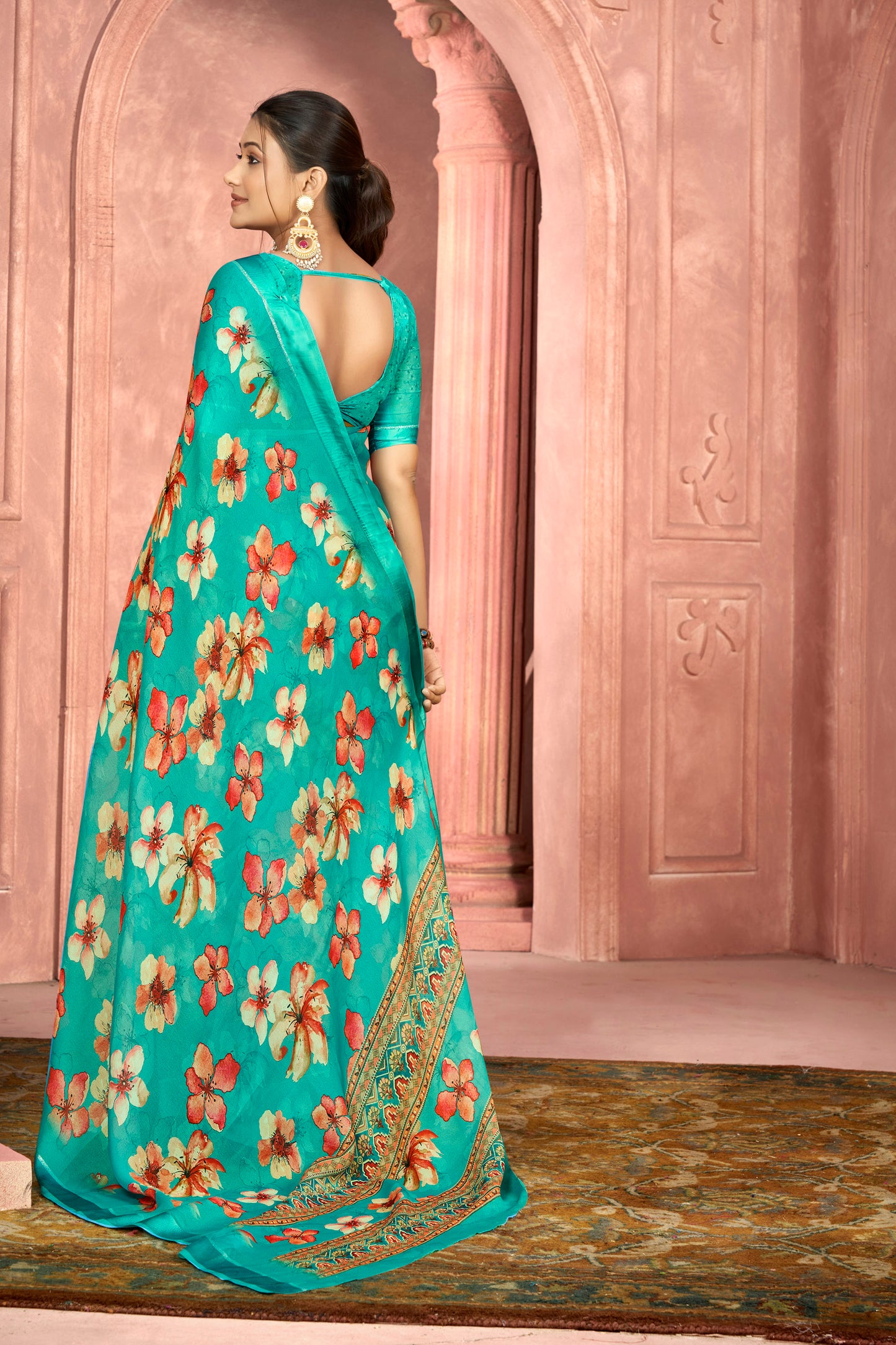Samriddhi – Turquoise Moss Georgette Digital Print Saree with Satin Patta Border
