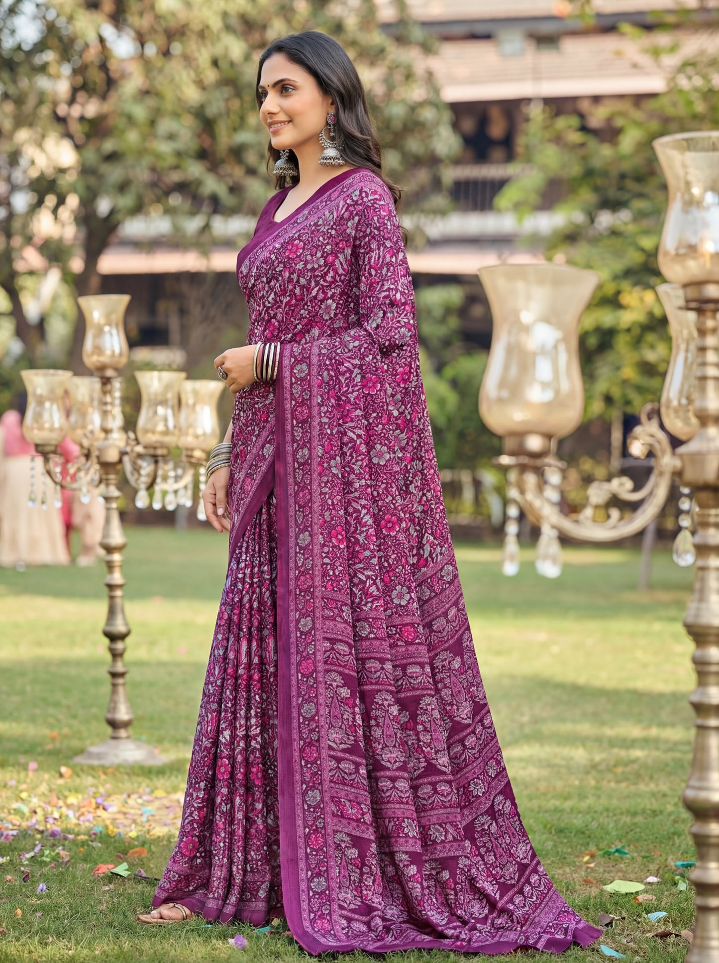 Rajkala - Purple Printed Crepe Silk Saree