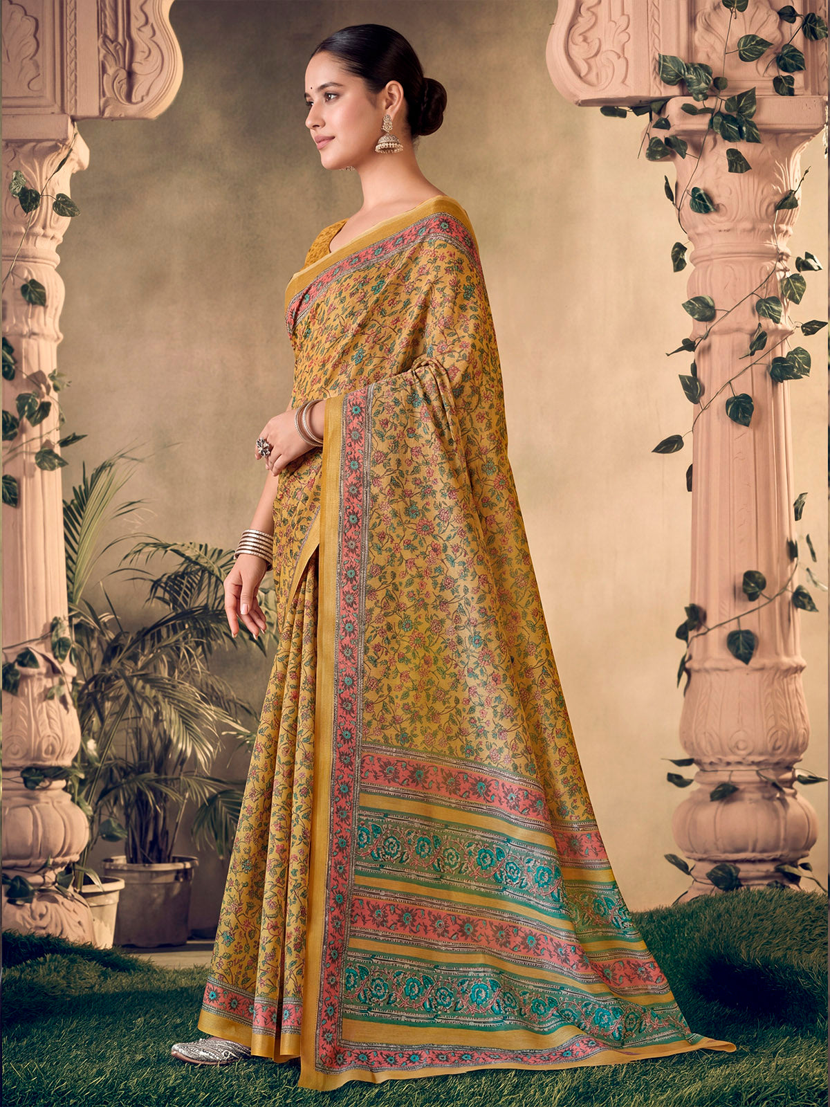Amrapali - Yellow Chanderi Cotton Digital Printed Saree with Zari Border