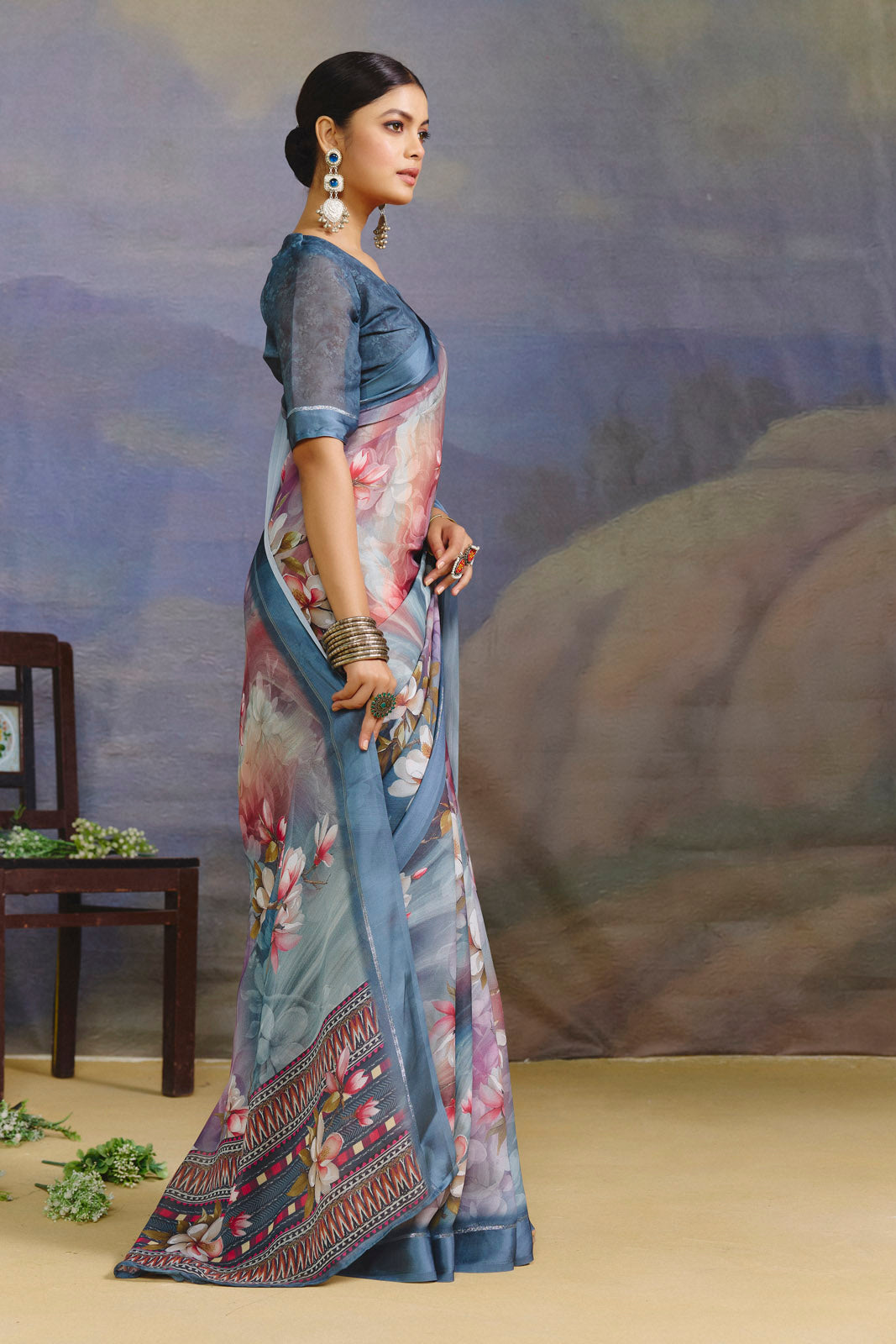 Samriddhi - Steel Blue Moss Georgette Digital Print Saree with Satin Patta Border