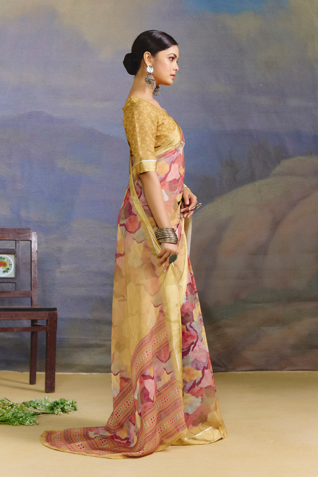 Samriddhi - Yellow Moss Georgette Digital Print Saree with Satin Patta Border