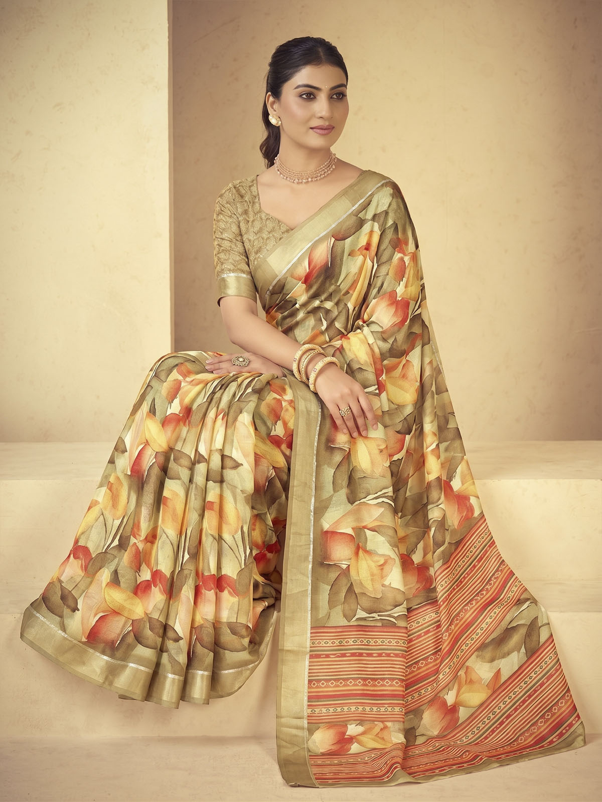 Samriddhi - Lime Green Moss Georgette Digital Print Saree with Satin Patta Border
