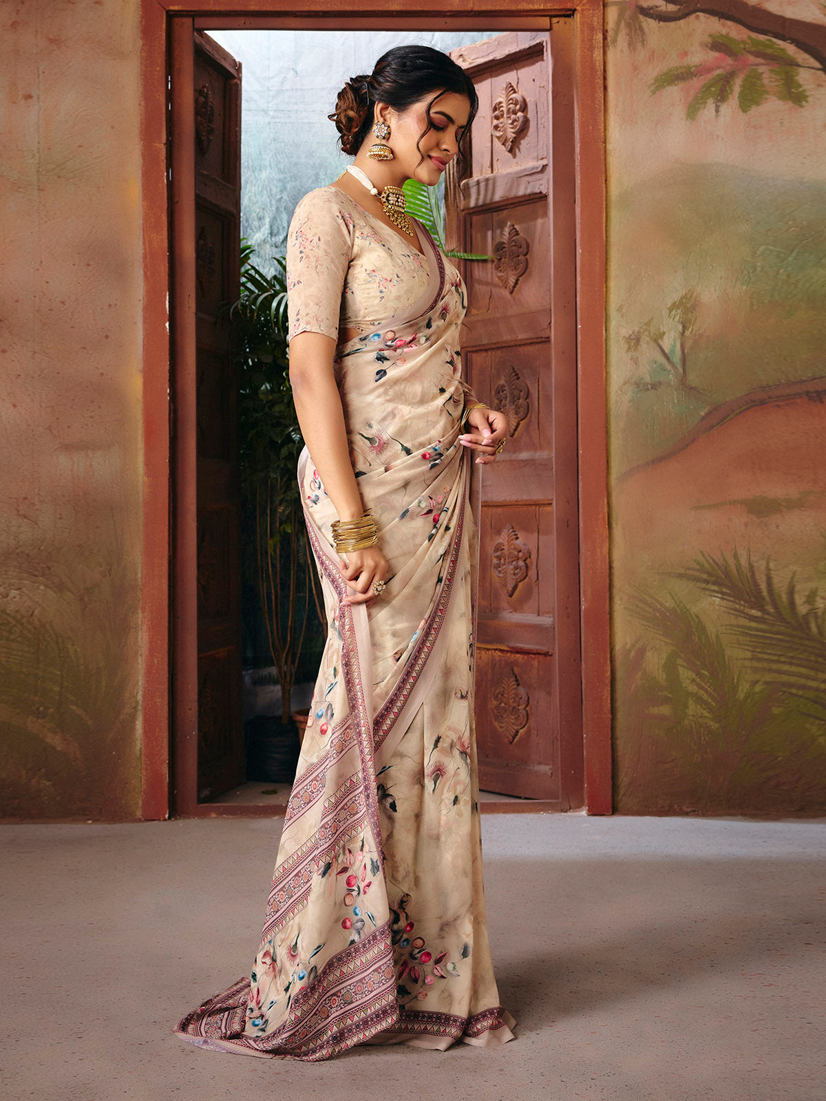 Riddhi - Peach Georgette Floral Digital Printed Saree