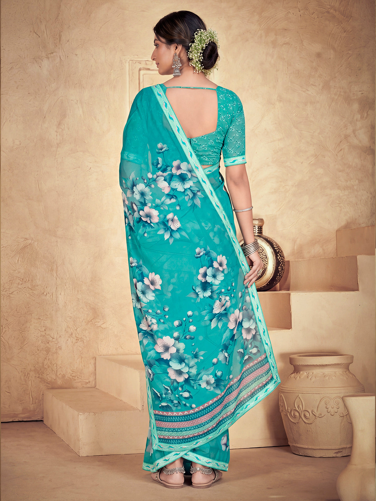 Sumedha - Teal Digital Printed Georgette Saree