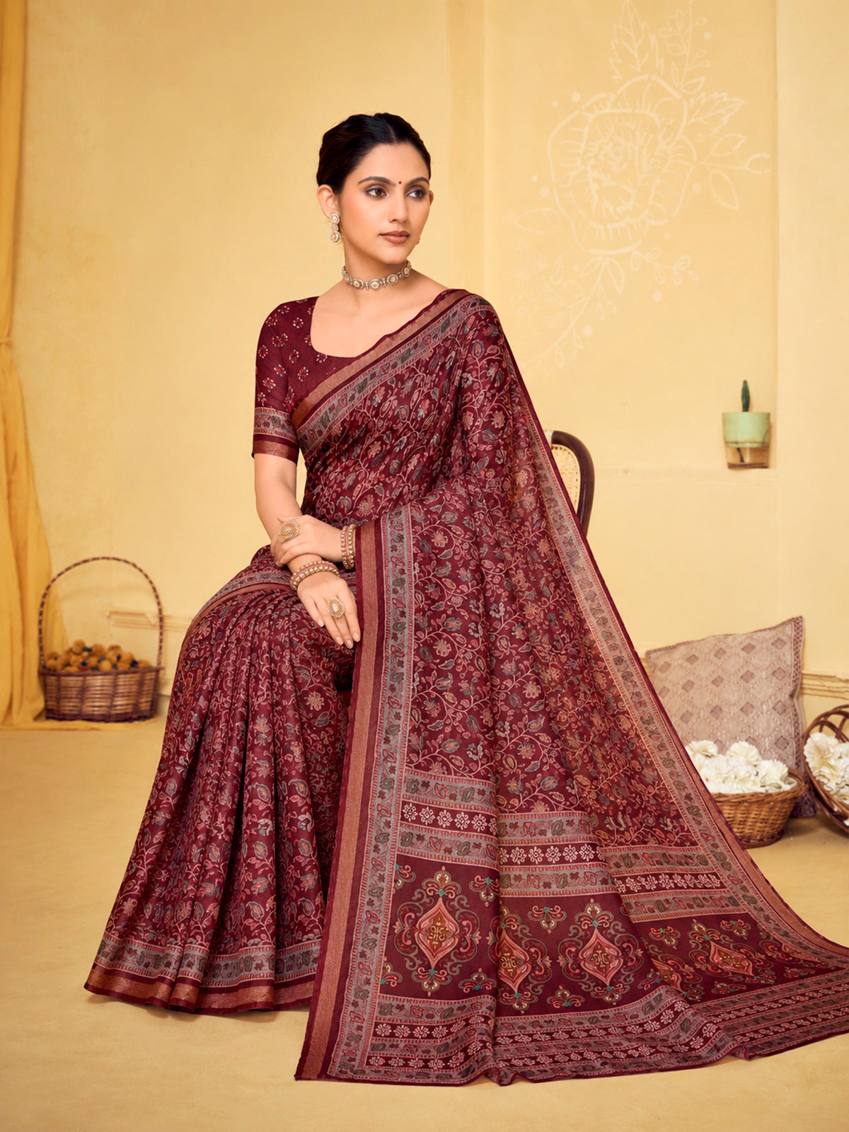 Amrapali - Red Chanderi Cotton Digital Printed Saree with Zari Border