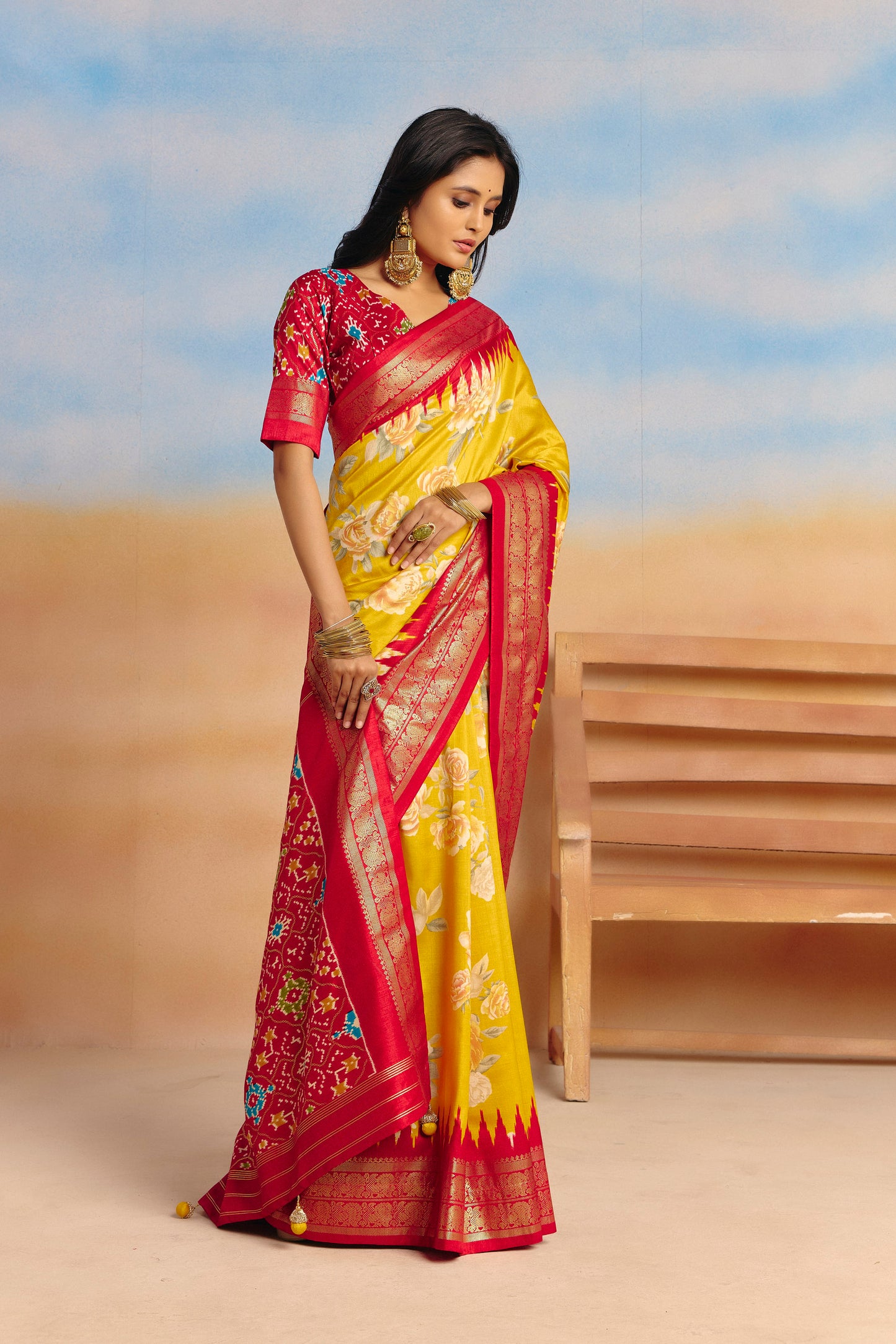 Rangrekha - Yellow Floral Printed Soft Silk Saree