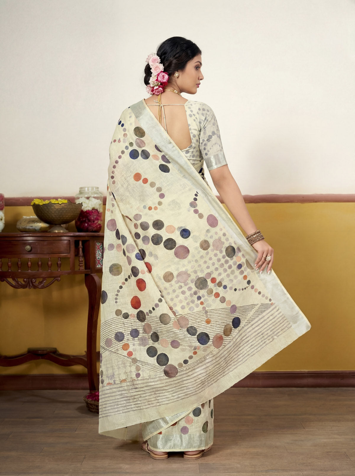 Rachna - Light Yellow Linen Digital Print Saree with Woven Border