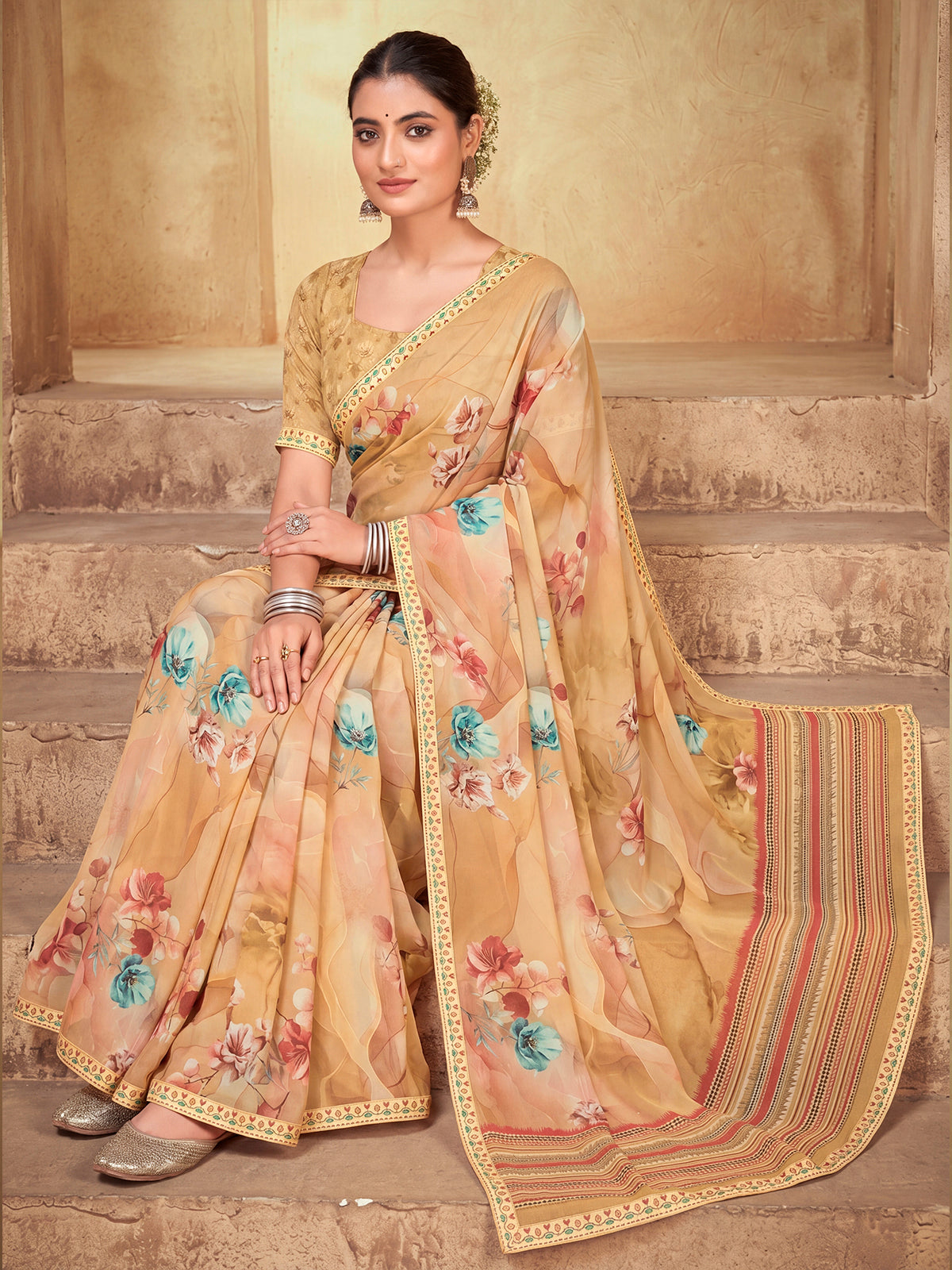 Sumedha - Beige Digital Printed Georgette Saree