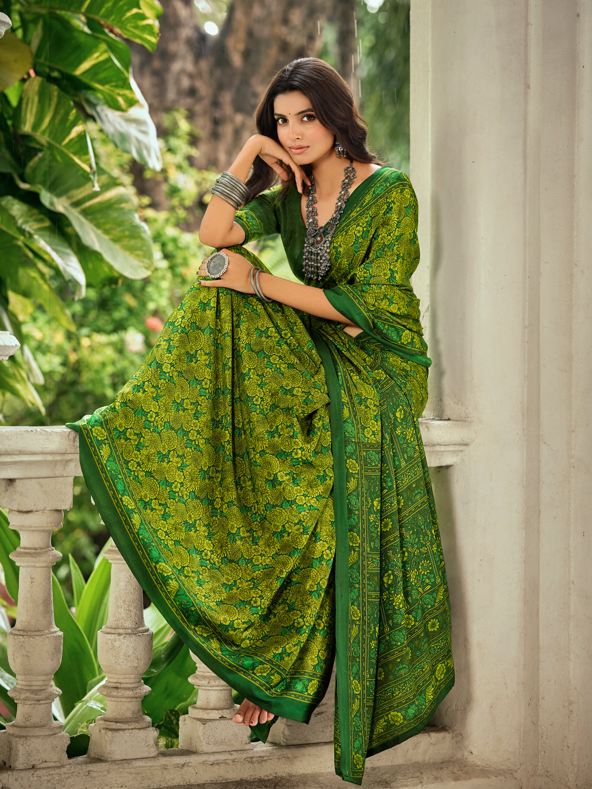 Rajkala - Green Printed Crepe Silk Saree