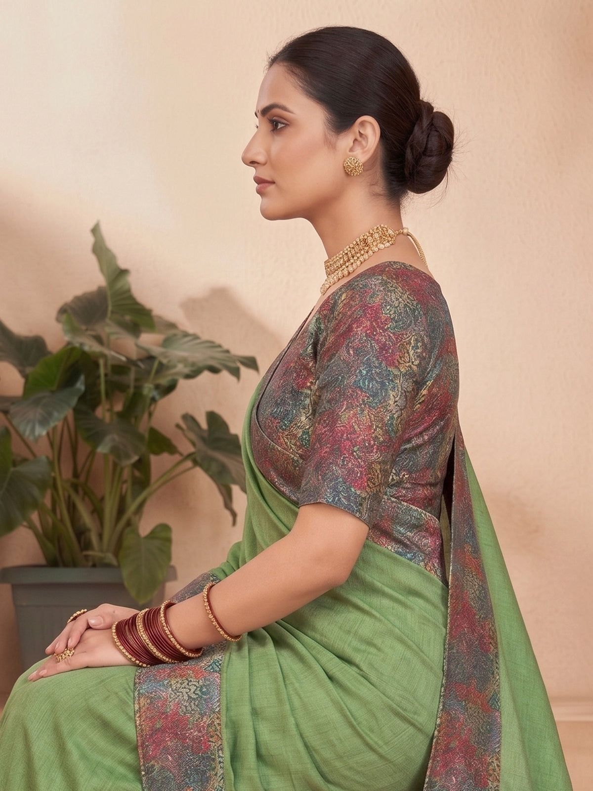 Ekvarna - Green Printed Chiffon Saree