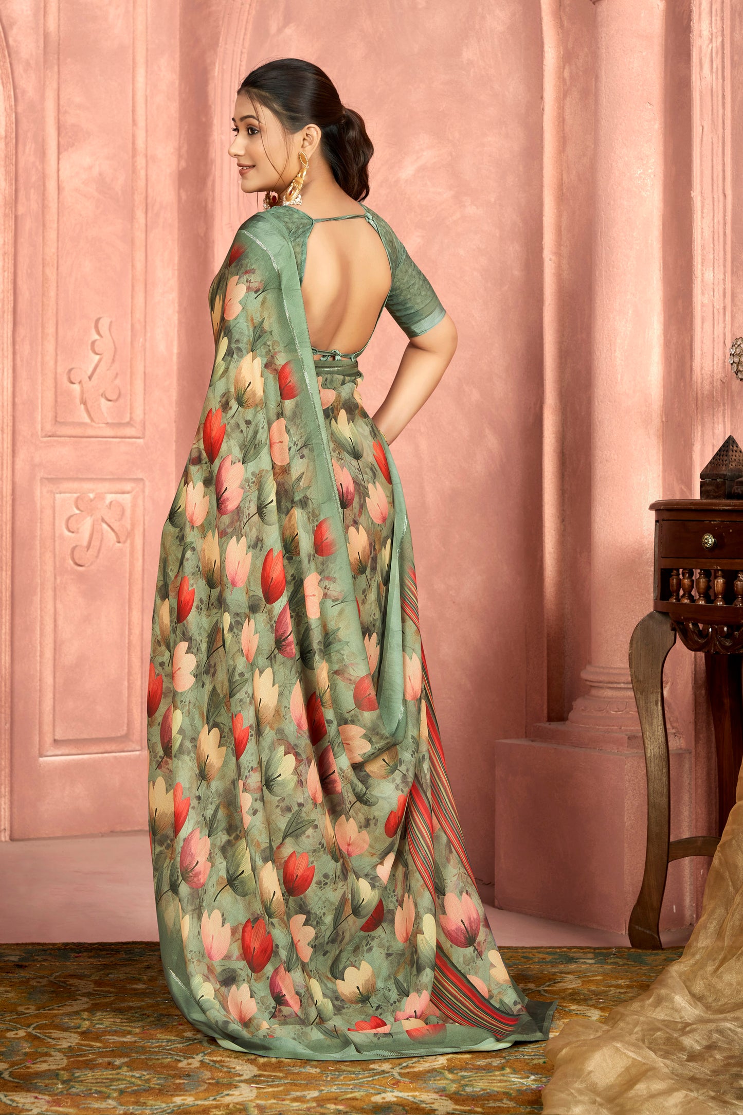Samriddhi – Sea Green Moss Georgette Digital Print Saree with Satin Patta Border