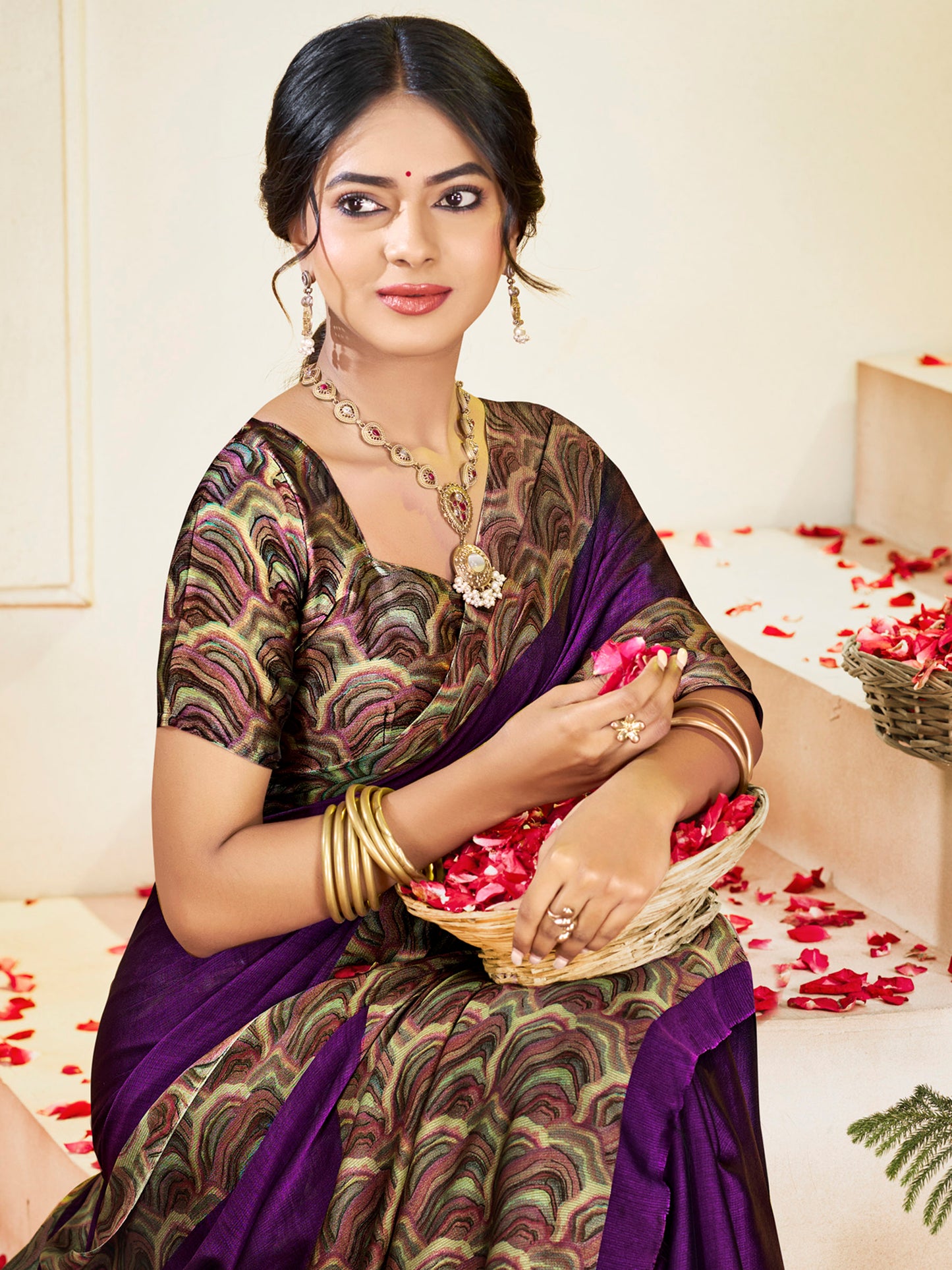 Ekvarna - Purple Printed Chiffon Saree