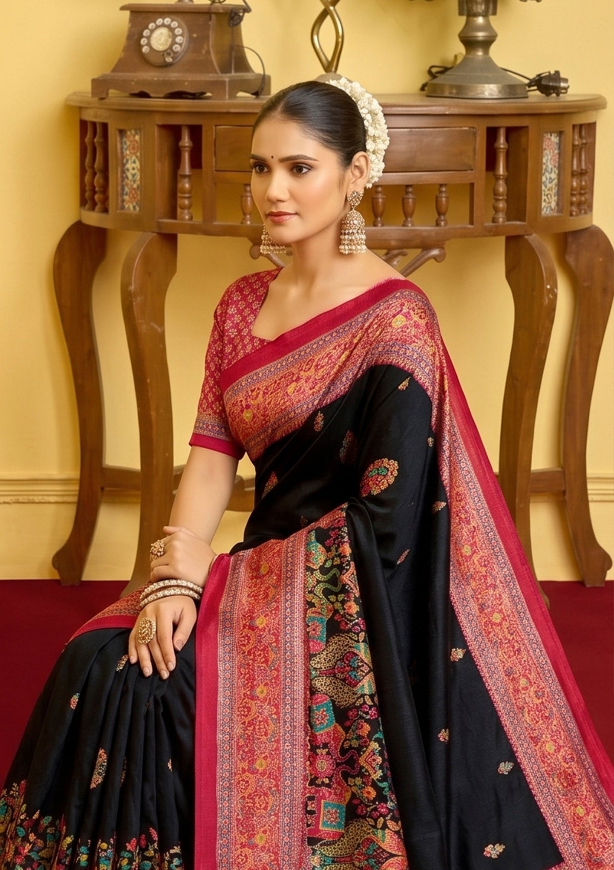 Kumuda - Black Silk Printed Saree with Delicate Foil Work