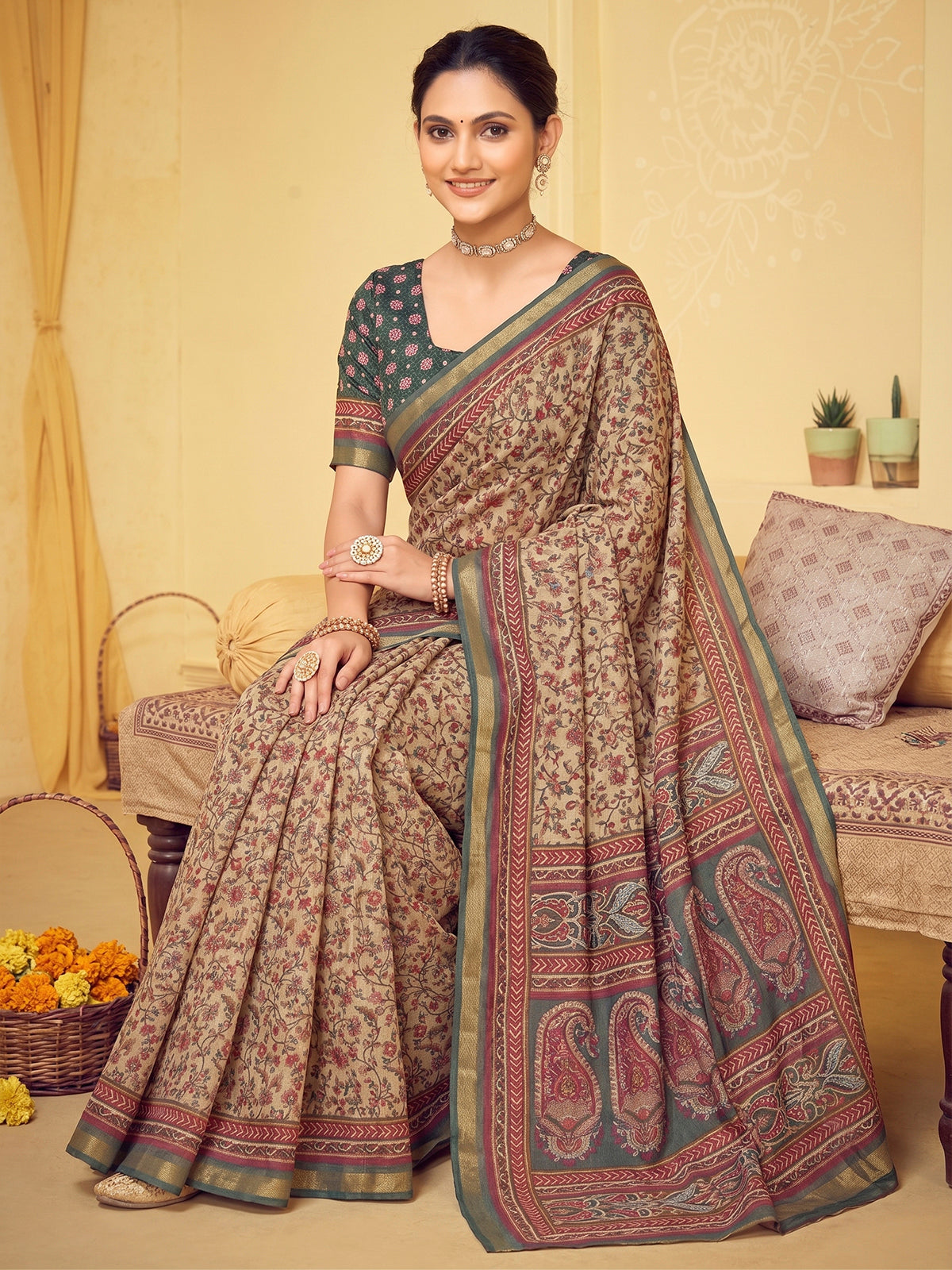 Amrapali - Beige Chanderi Cotton Digital Printed Saree with Zari Border