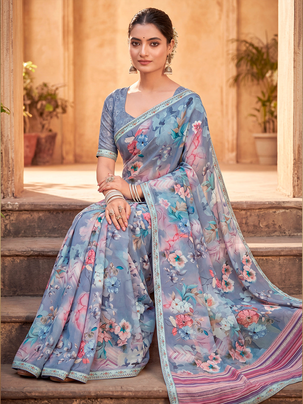 Sumedha - Grey Digital Printed Georgette Saree