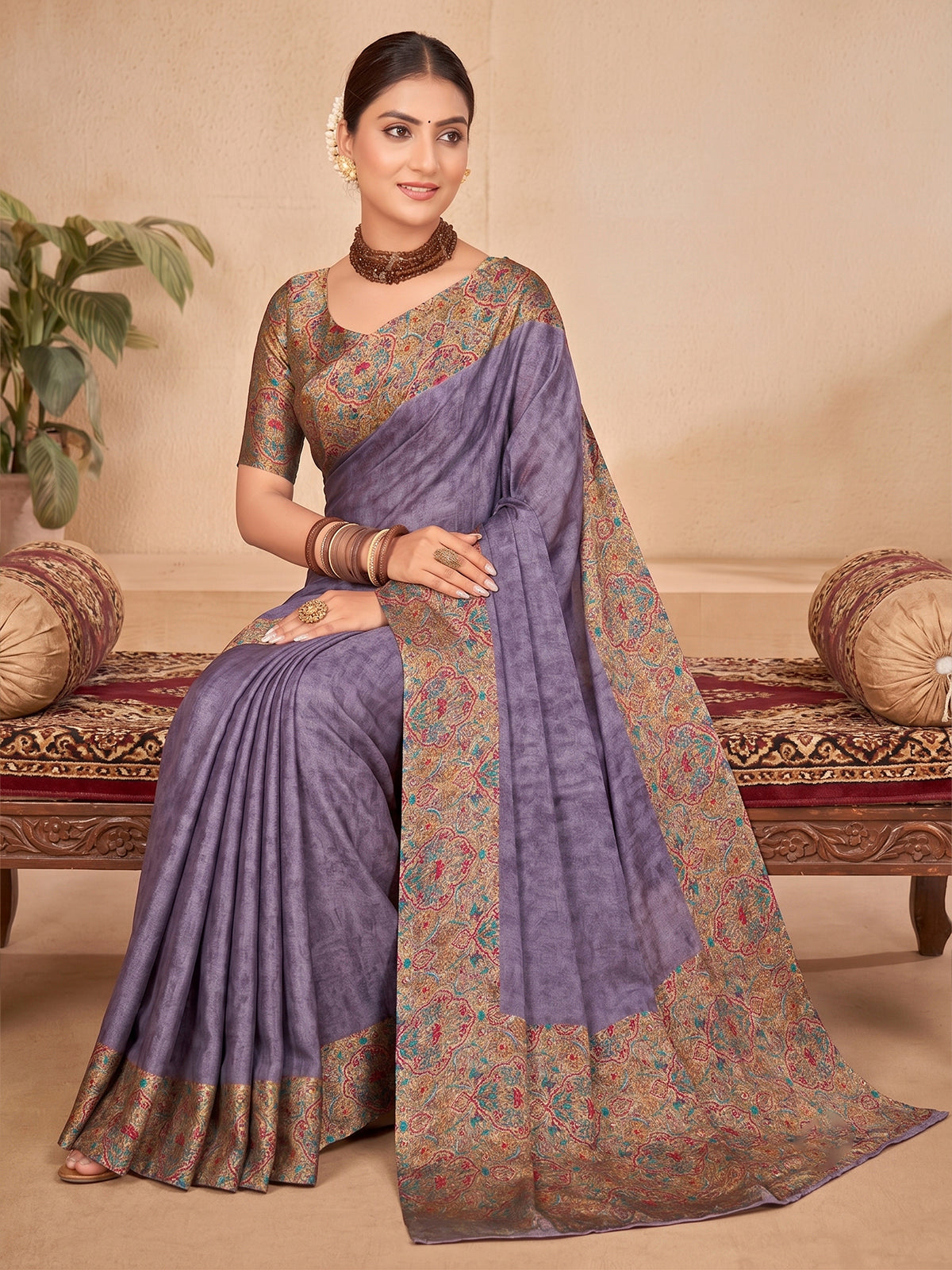 Ekvarna - Violet Printed Chiffon Saree