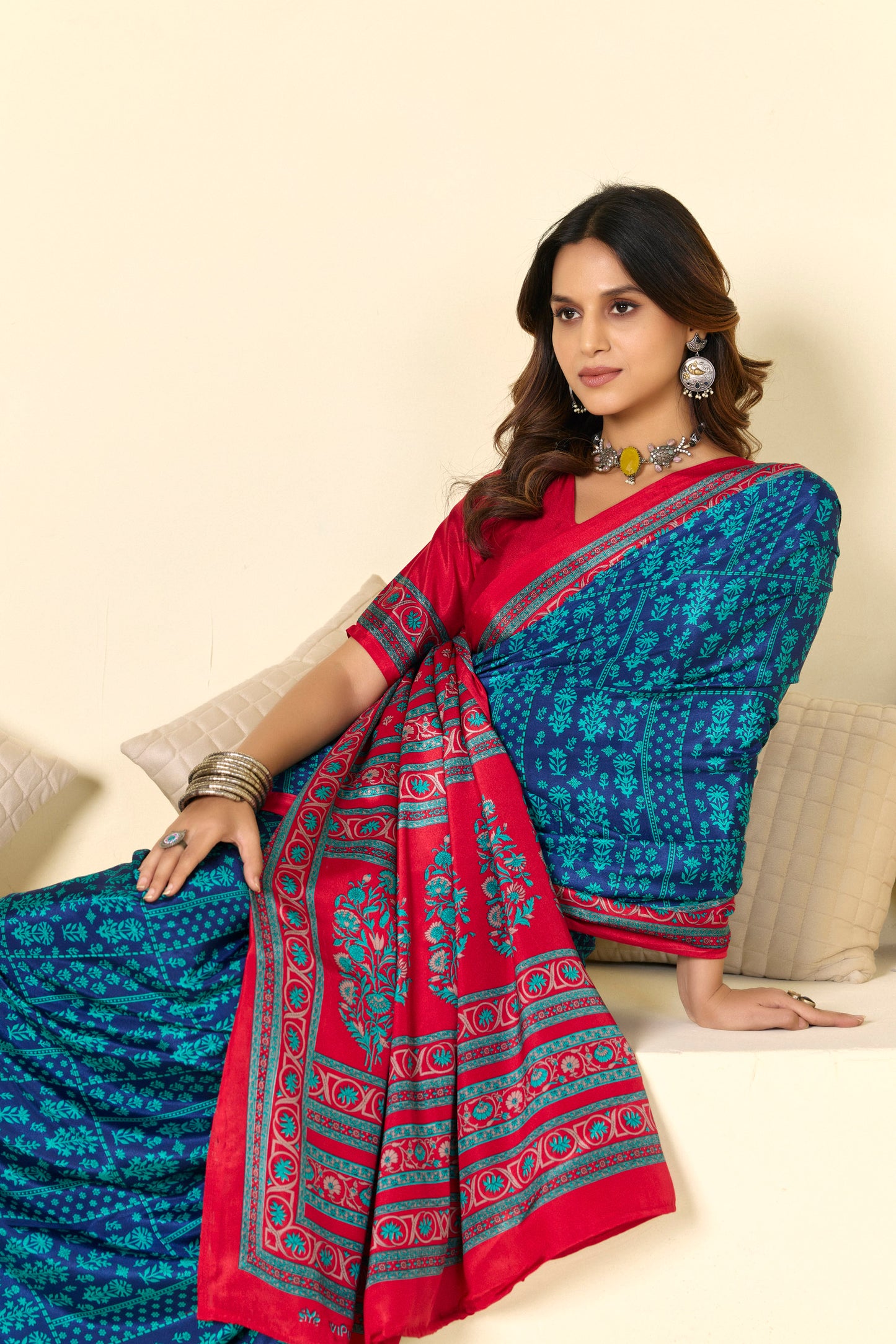 Rajkala - Blue Floral Printed Crepe Silk Saree