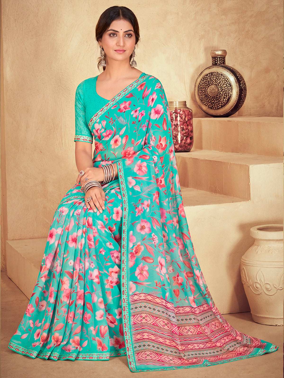 Sumedha - Turquoise Digital Printed Georgette Saree