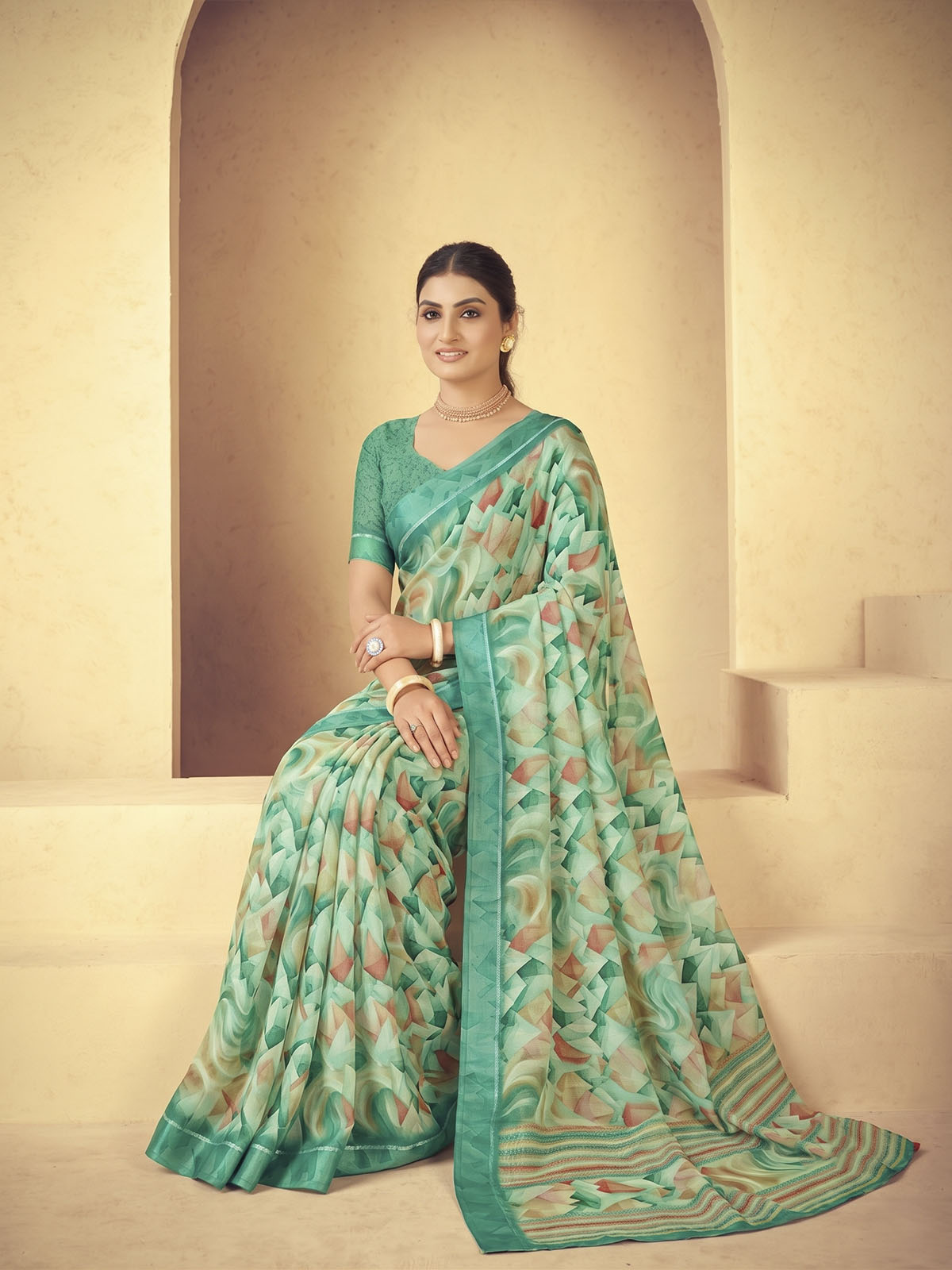 Samriddhi - Sea Green Moss Georgette Digital Print Saree with Satin Patta Border