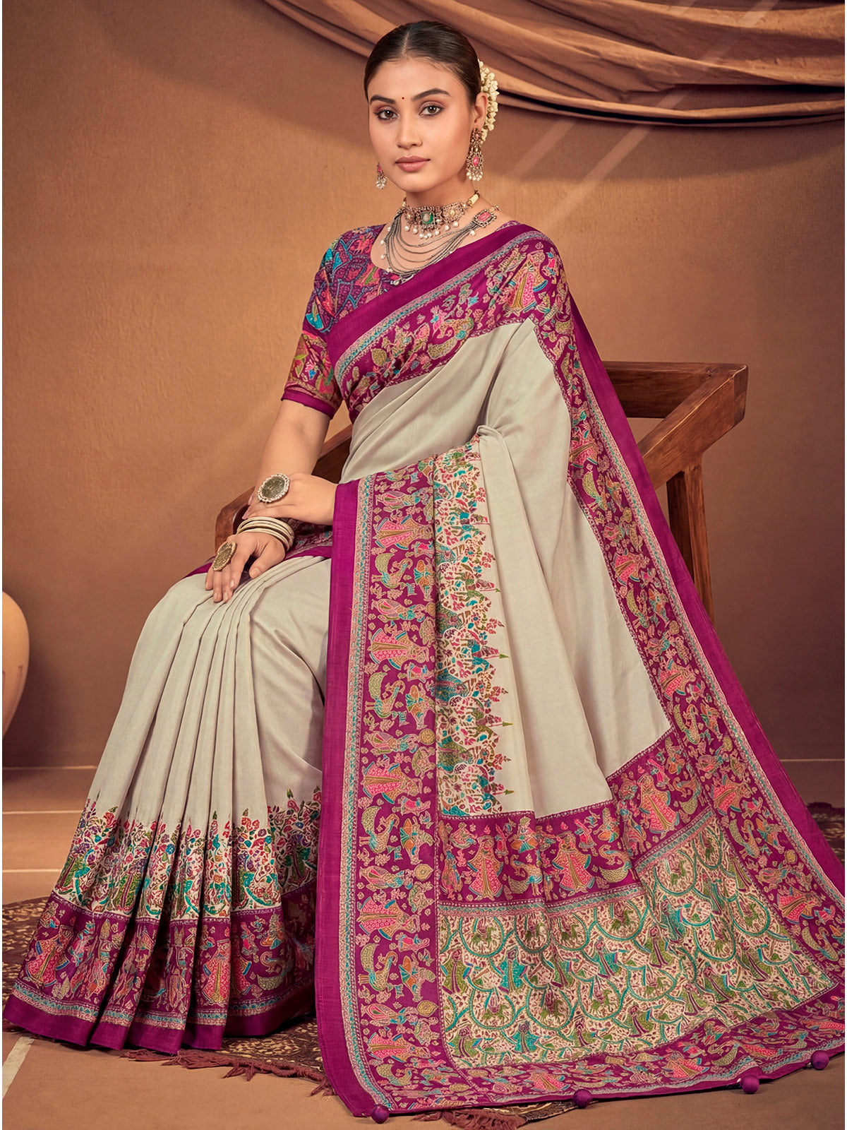 Kumuda - Light Grey Mysore Silk Jari Printed with Tessals