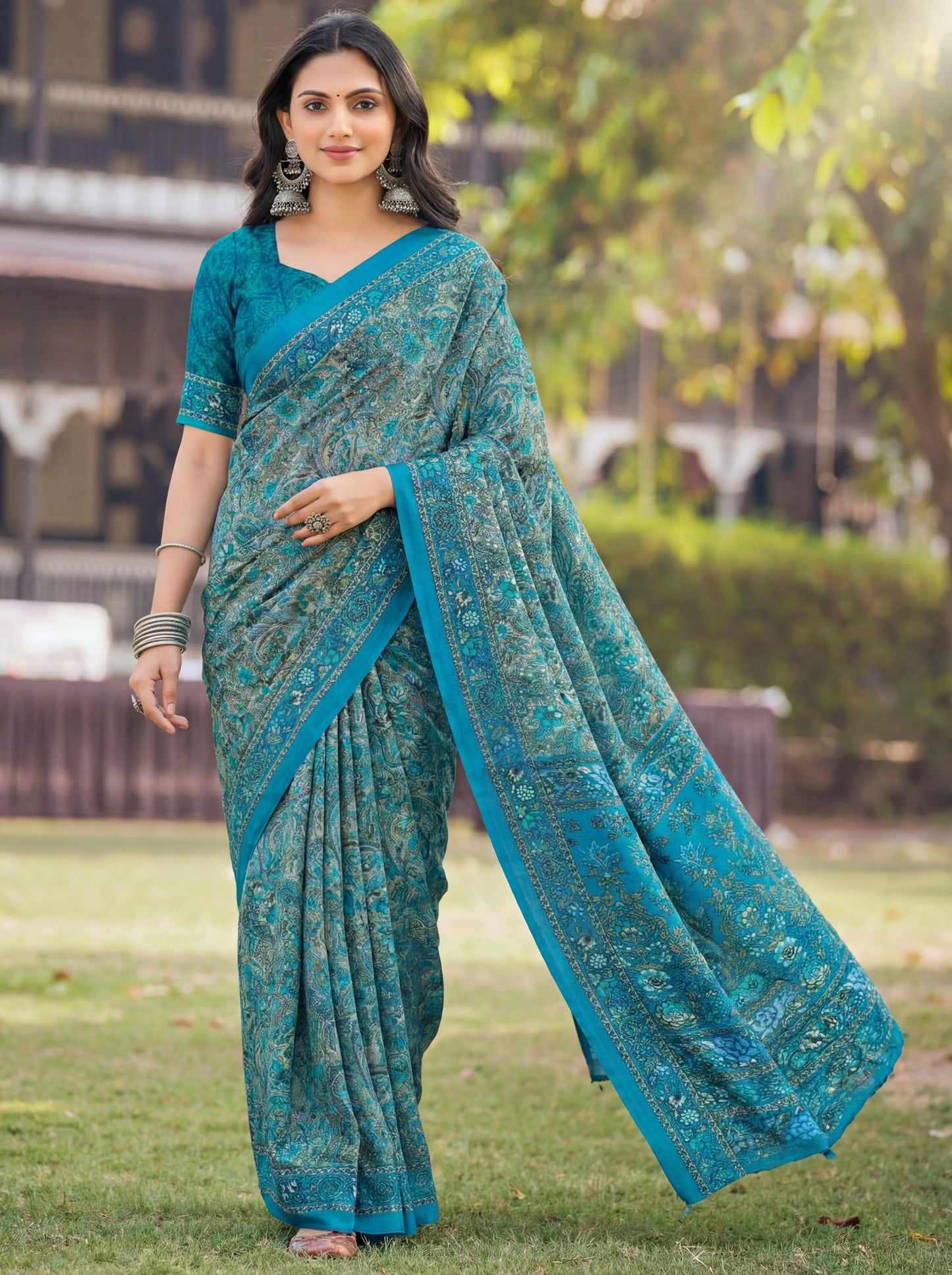 Rajkala - Sea Blue Printed Crepe Silk Saree