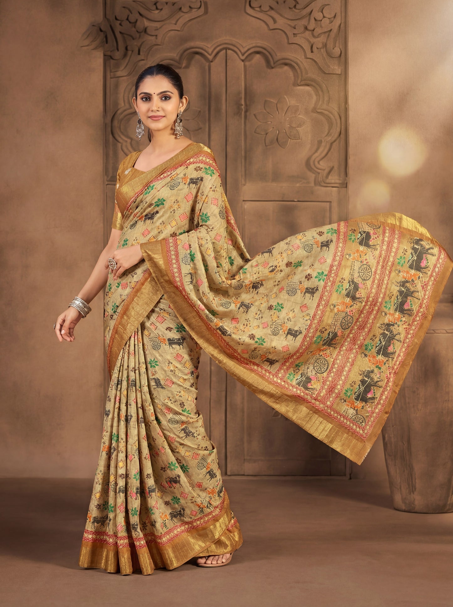 Devsena – Beige Silk Digital Print Saree