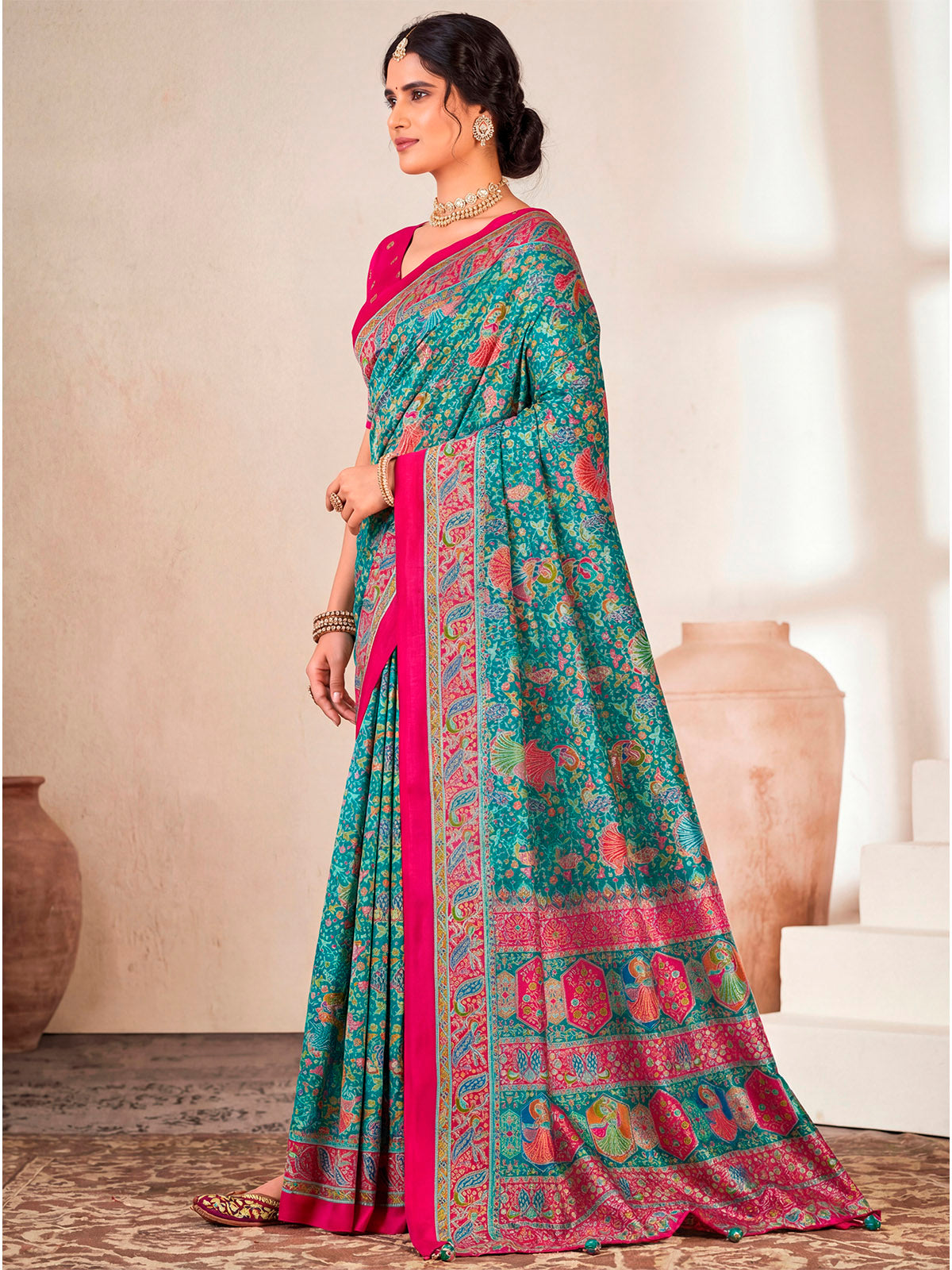 Kumuda - Teal Mysore Silk Jari Printed with Tessals