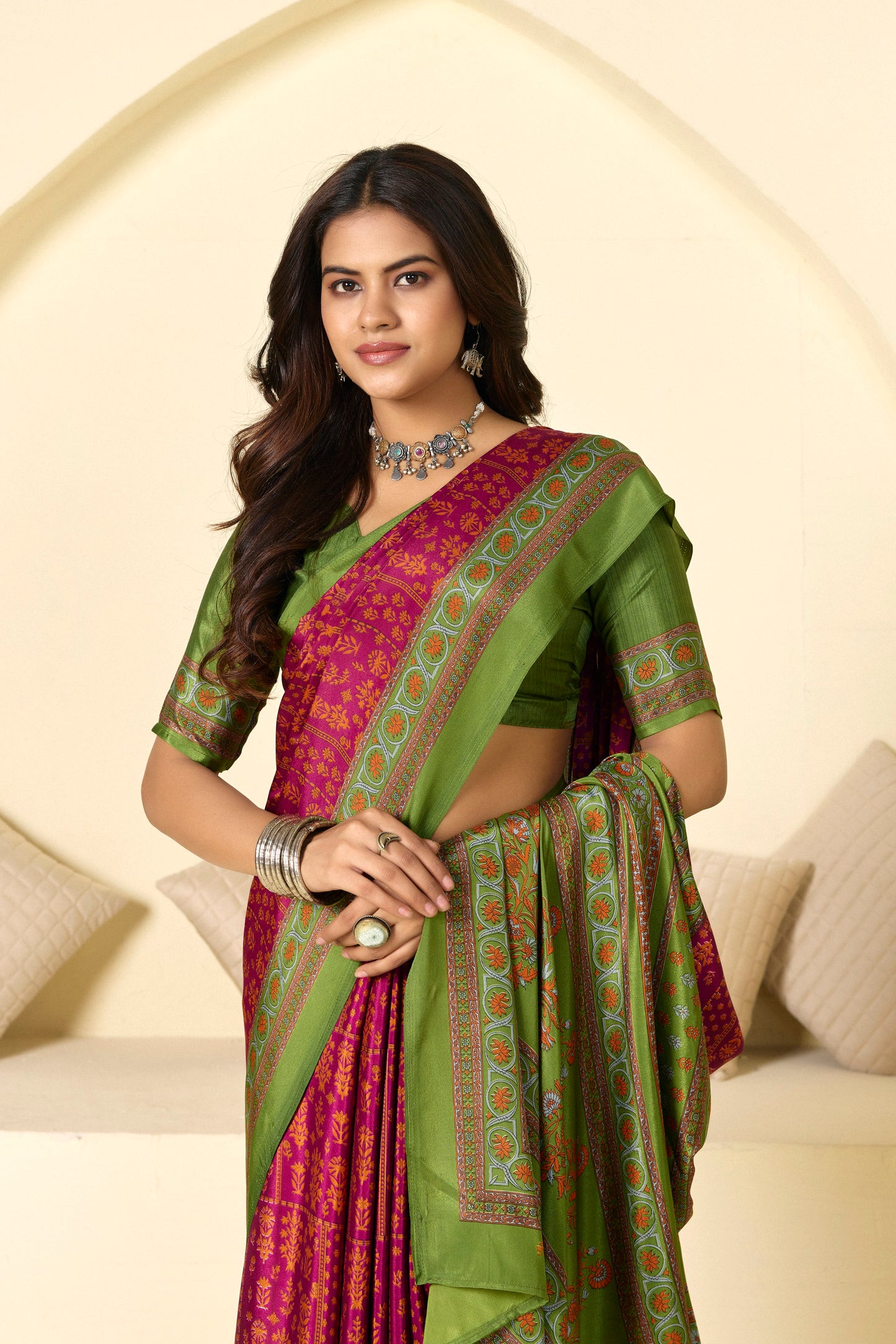 Rajkala - Purple Floral Printed Crepe Silk Saree