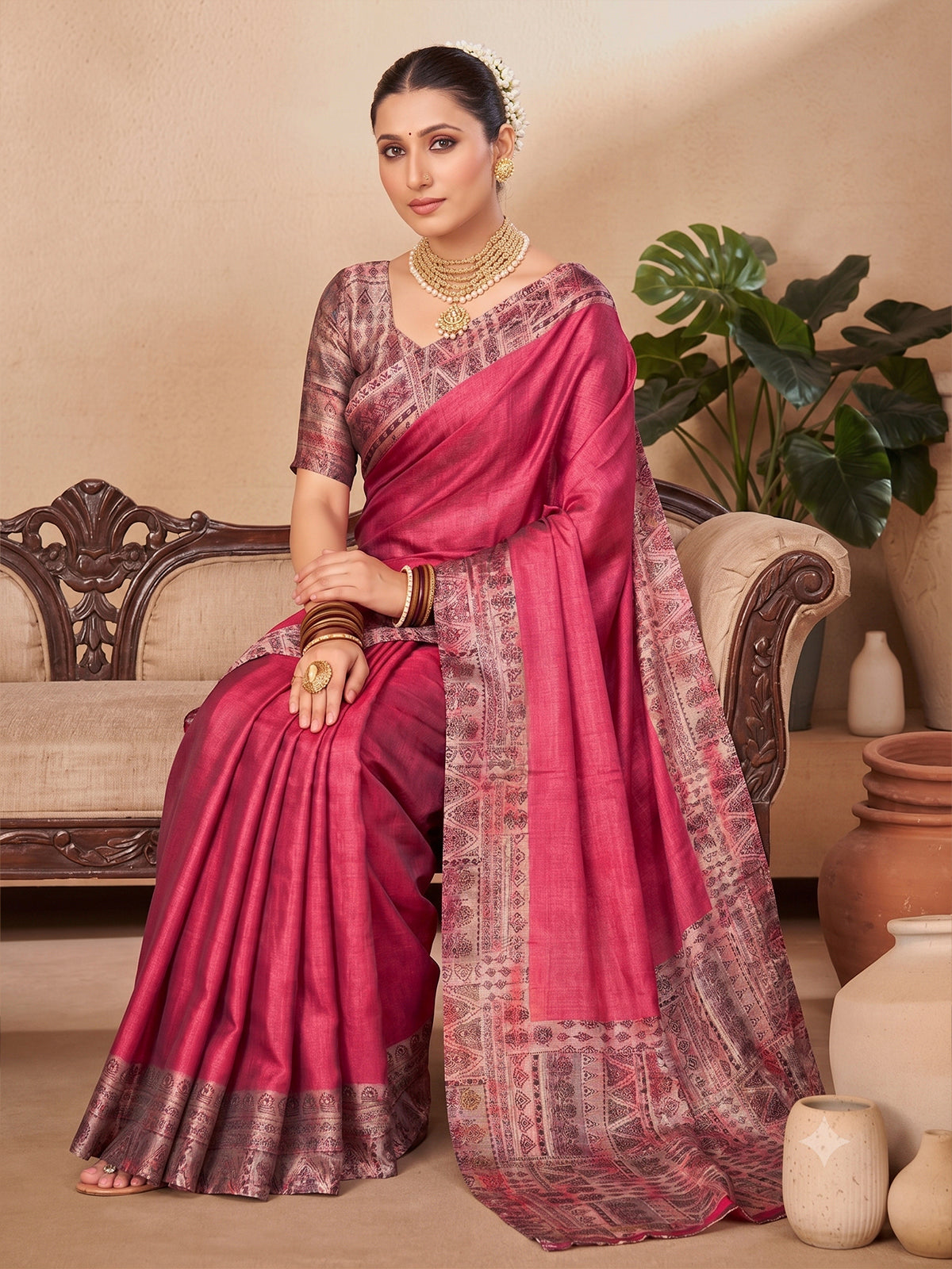 Ekvarna - Pink Printed Chiffon Saree