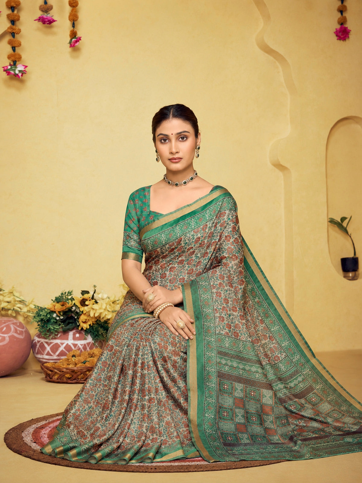 Amrapali - Sea Green Chanderi Cotton Digital Printed Saree with Zari Border