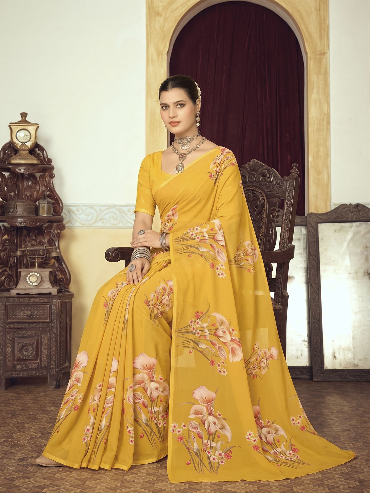 Riddhi - Yellow Georgette Floral Digital Printed Saree