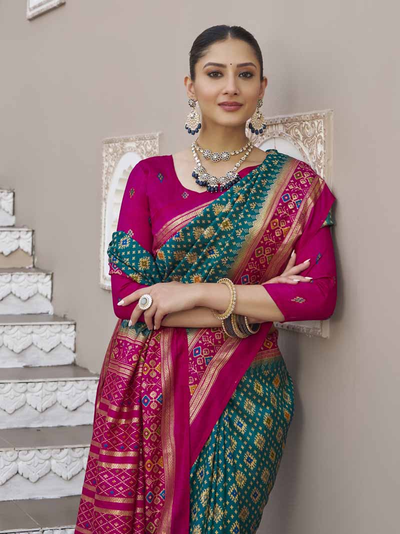 Gulmarg - Teal Silk Digital Printed Saree with Zari Border