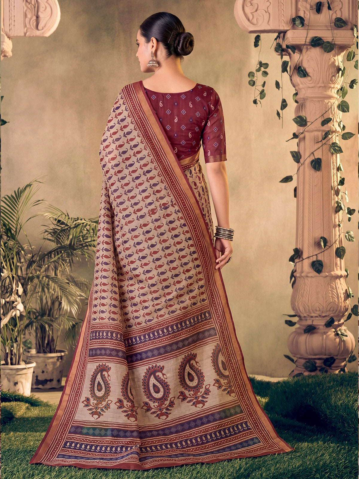 Amrapali - Beige Chanderi Cotton Digital Printed Saree with Zari Border