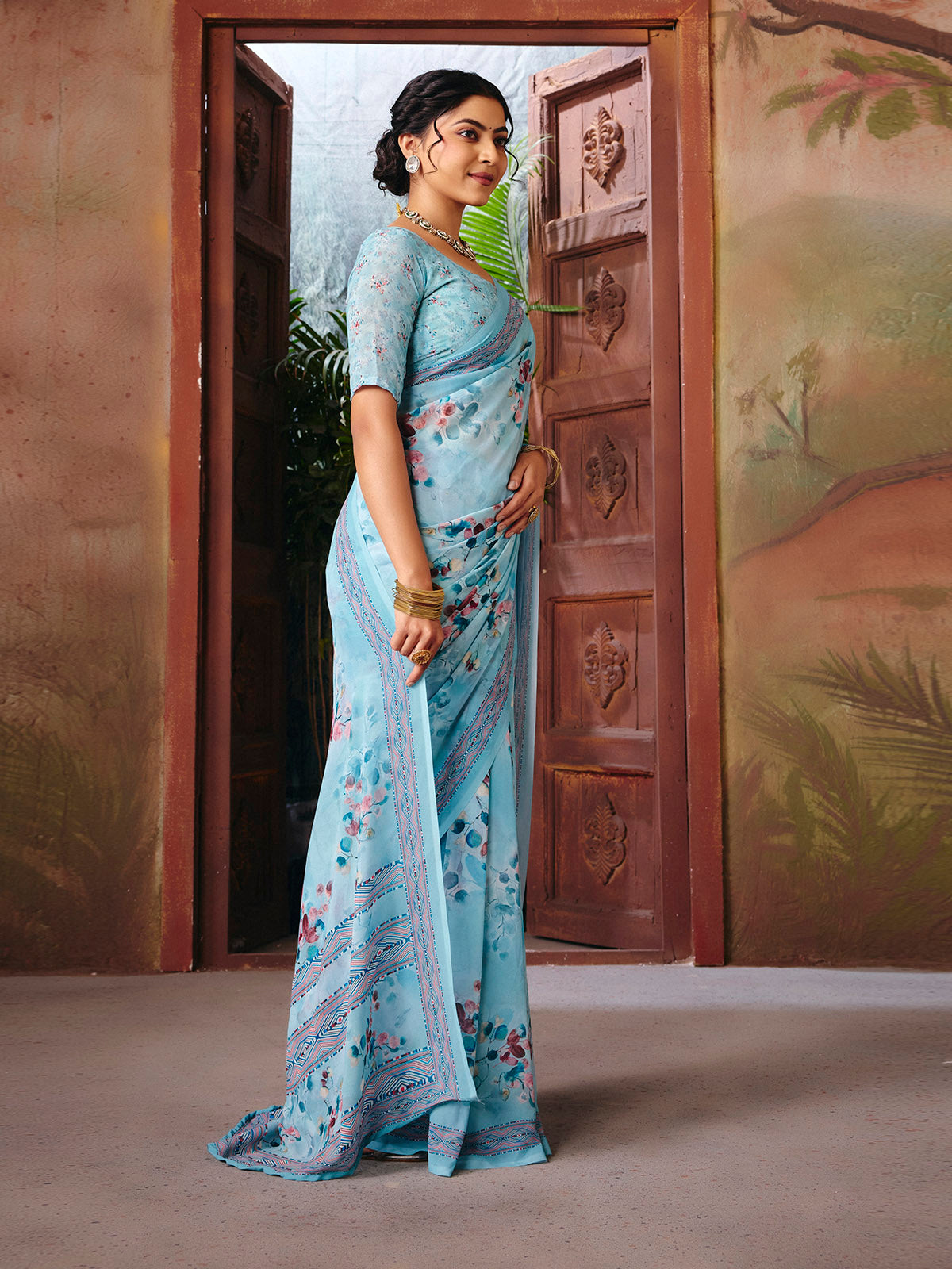 Riddhi - Sky Blue Georgette Floral Digital Printed Saree