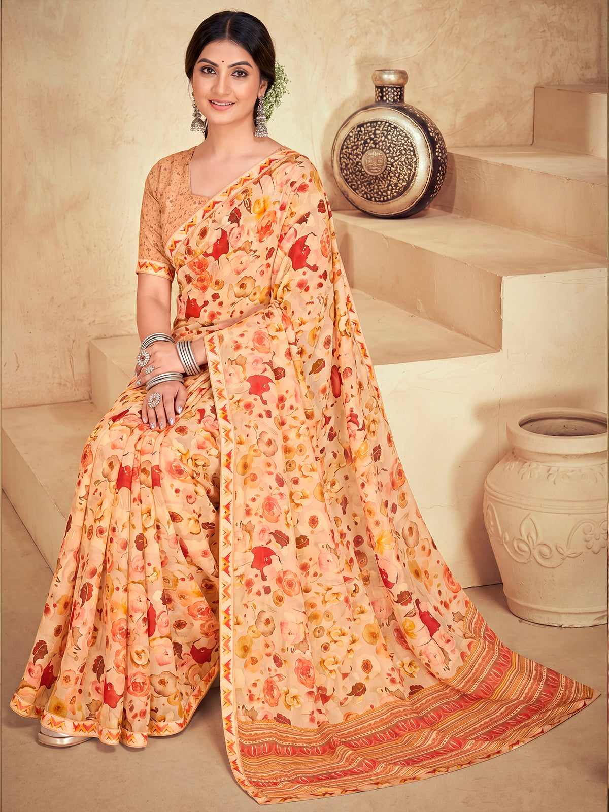 Sumedha - Beige Digital Printed Georgette Saree