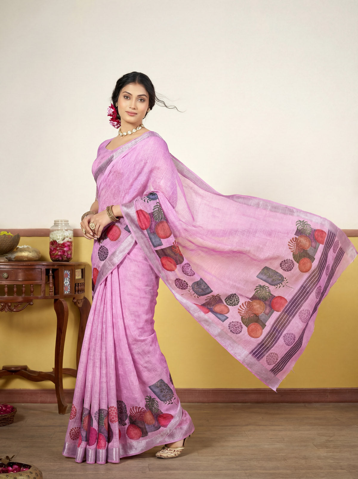 Rachna - Purple Linen Digital Print Saree with Woven Border