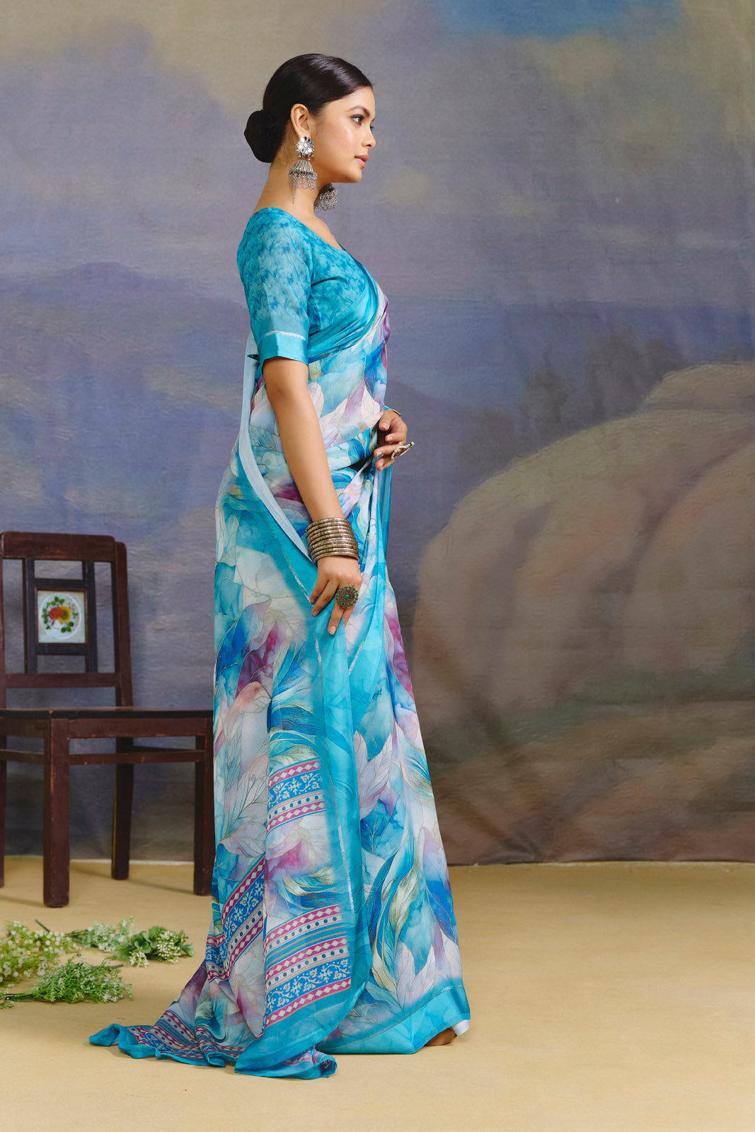 Samriddhi - Sky Blue Moss Georgette Digital Print Saree with Satin Patta Border