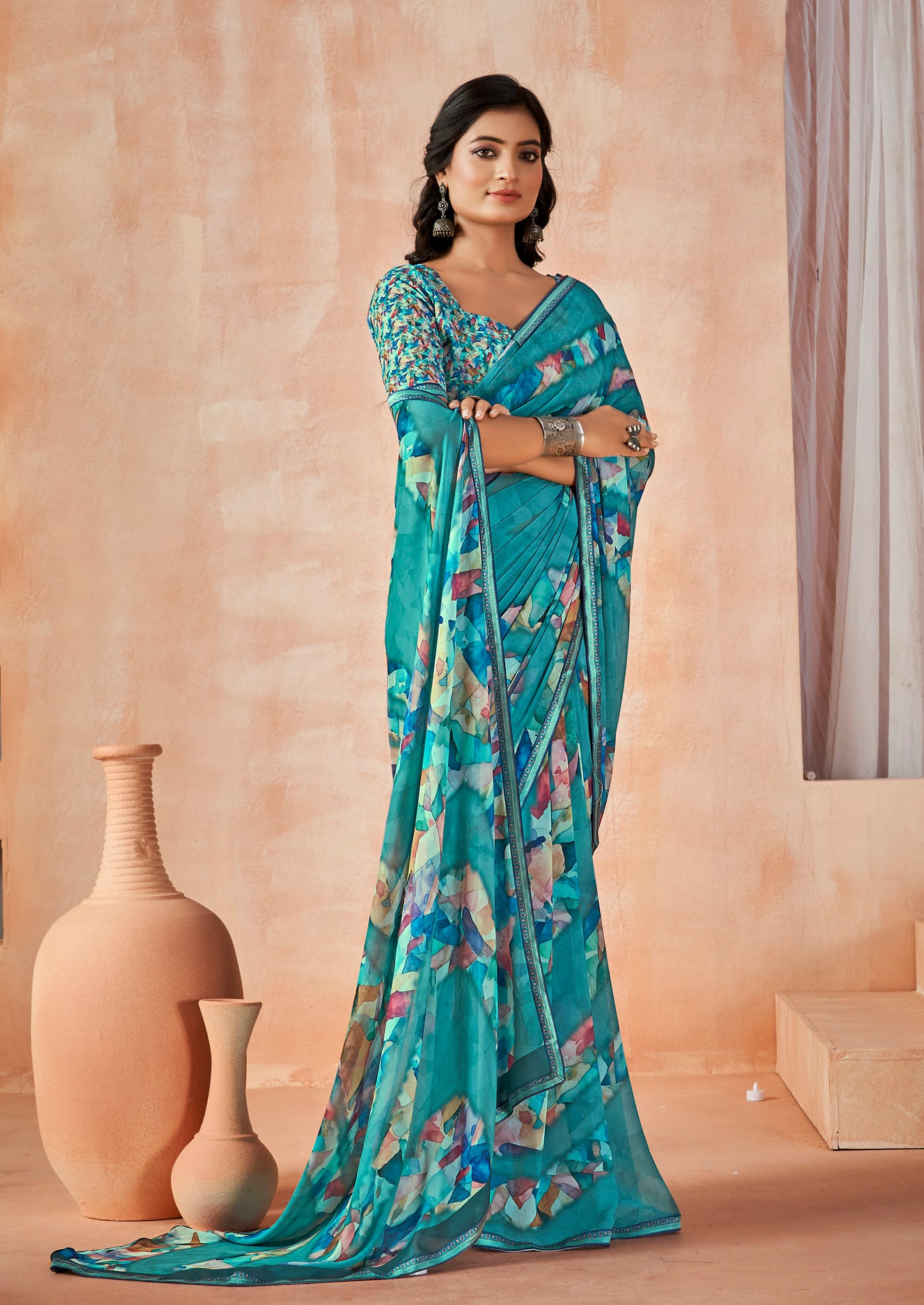 Sumedha - Turquoise Digital Printed Georgette Saree